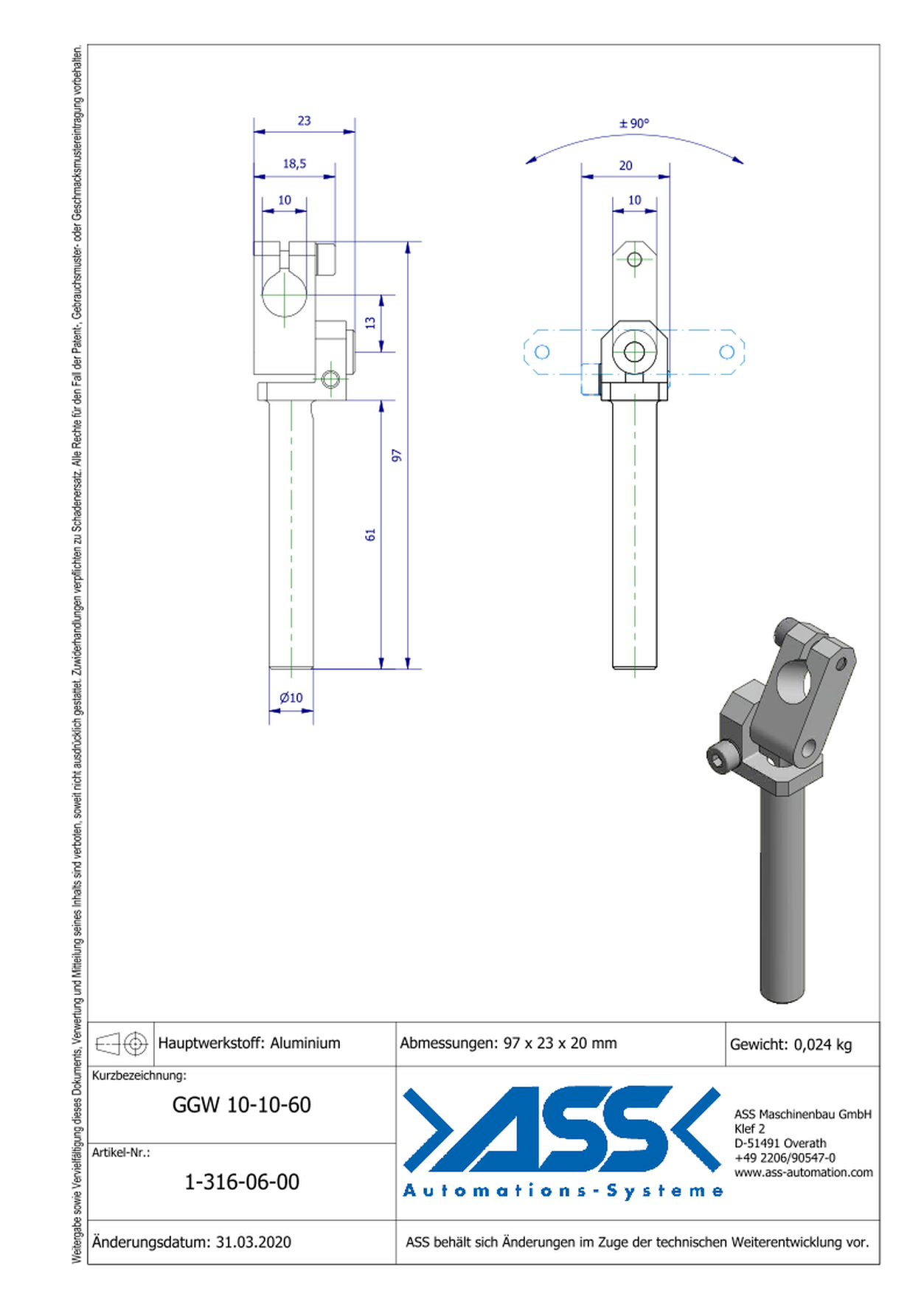 GGW 10-10-60 Gripper Arm, +/- 90 degree