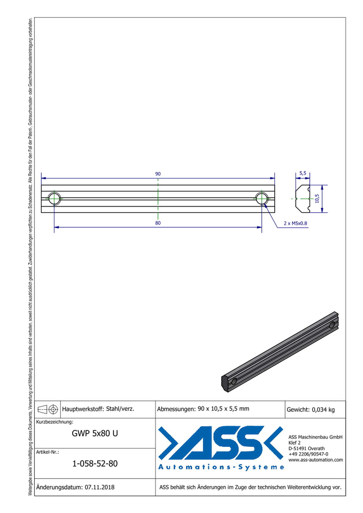 GWP 5-80 U Channel Nut with two Threads M5