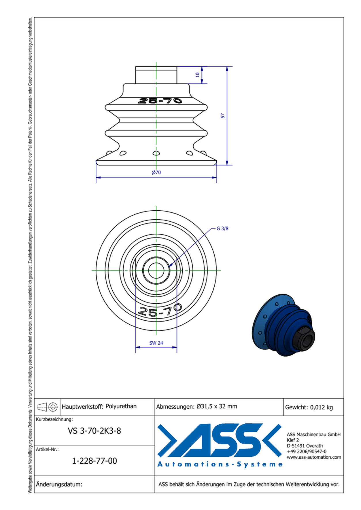 VS 3-70-2K3-8 2-Componet Vacuum Cup with 3 Bellows