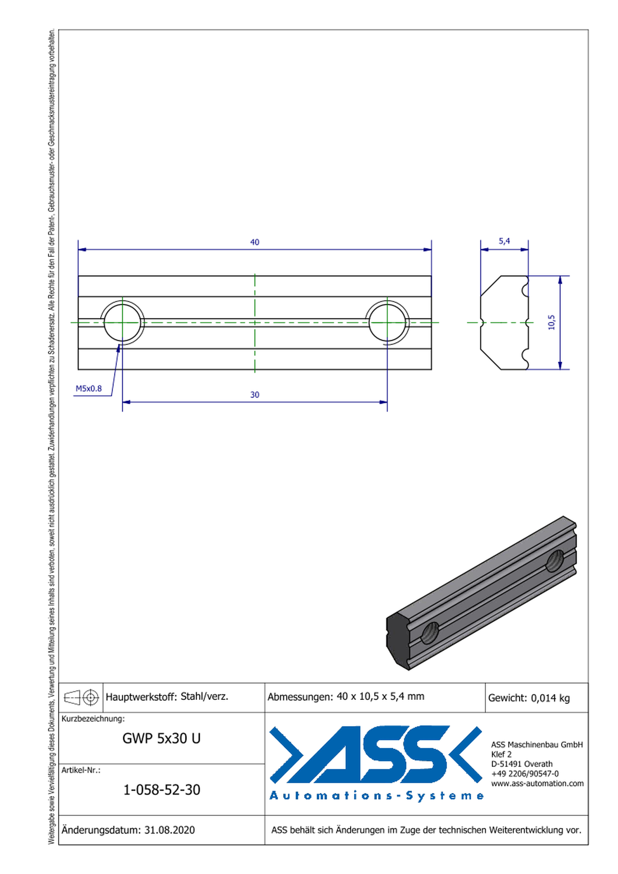 GWP 5-30 U Channel Nut with two Threads M5