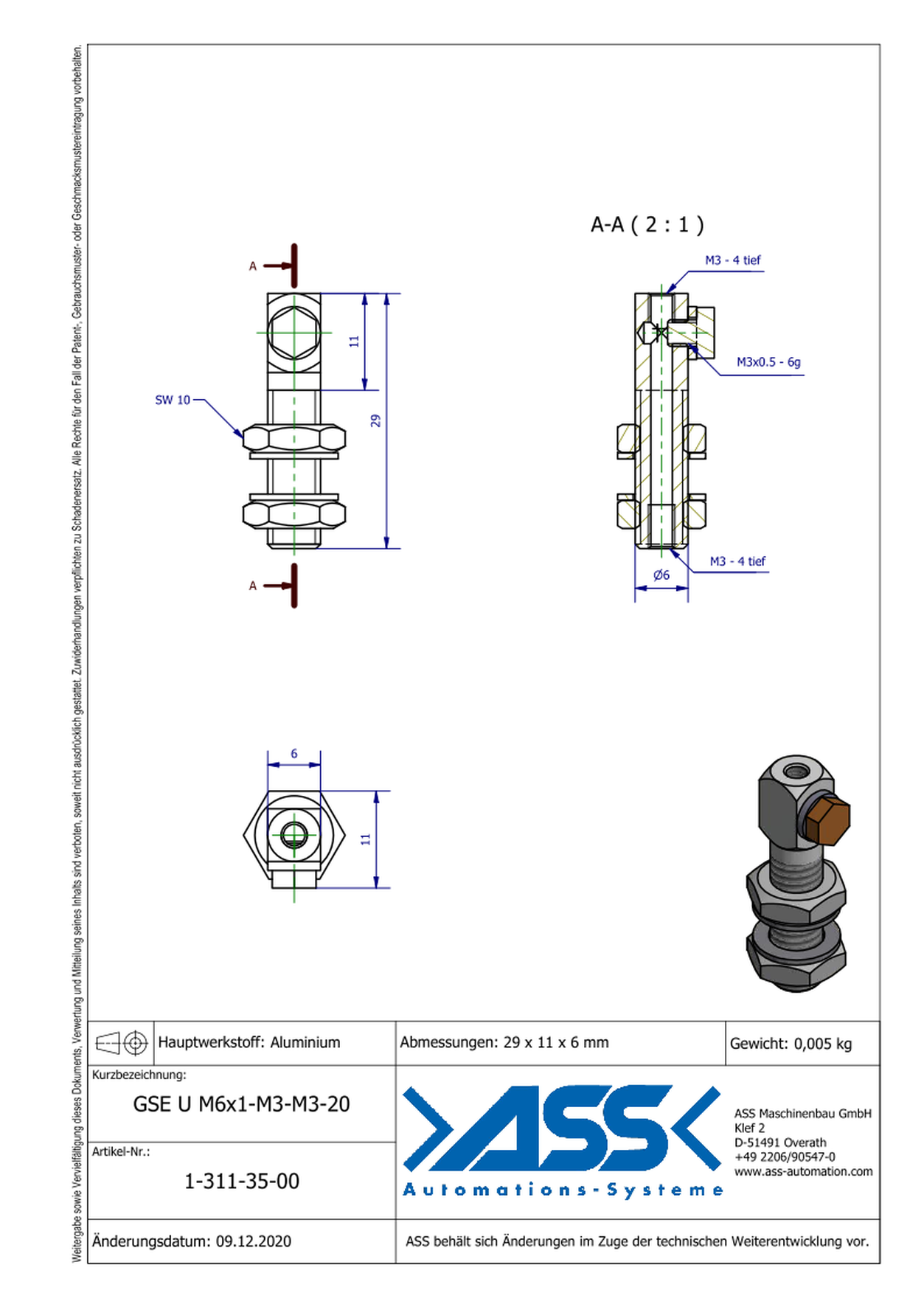 GSE U M6x1-M3-M3-20 Gripper Arm for Vacuum Cups with Air Duct, Micro