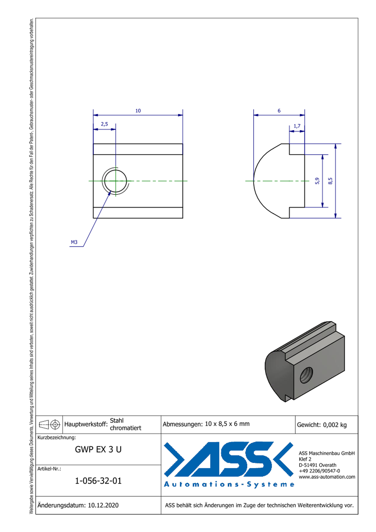 GWP EX 3 U Channel Nut, "Swivel-In", with one Thread M3