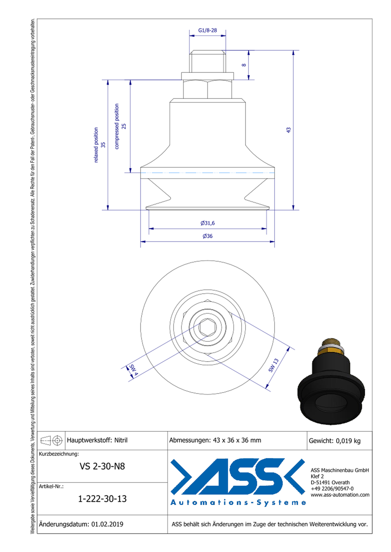 VS 2-30-N8 Vacuum Cup, 2 Bellows