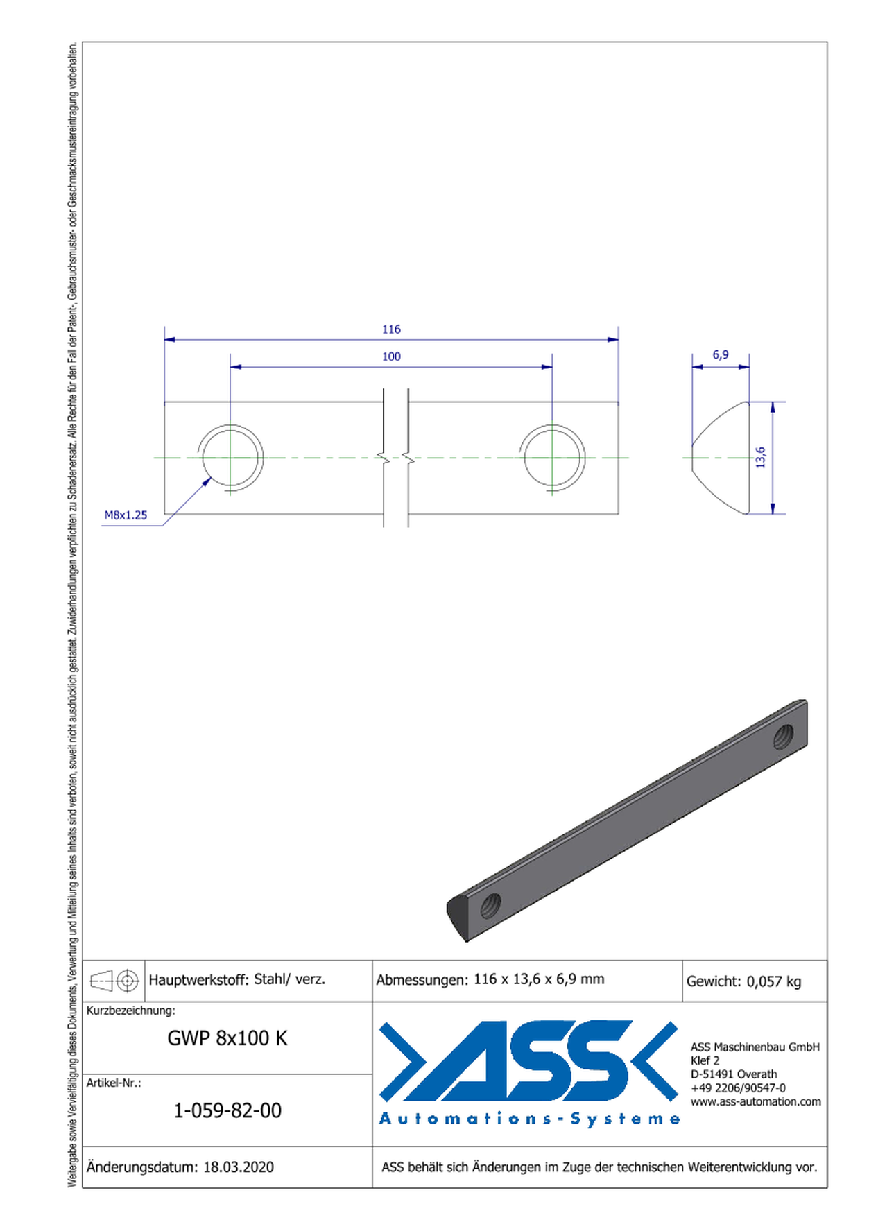 GWP 8-100 K Channel Nut with two Threads M8