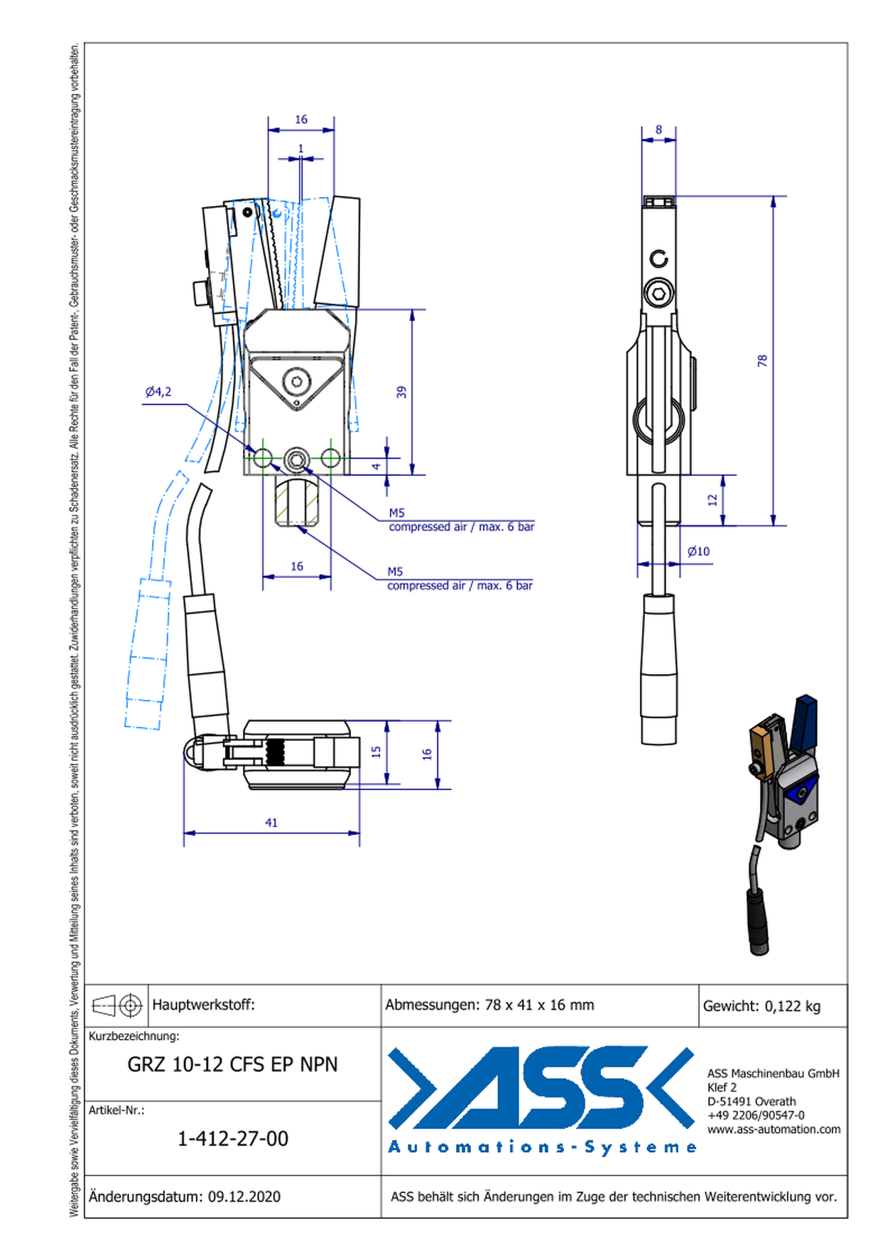 GRZ 10-12 CFS EP NPN Gripper, Jaw Type: EP Coating, blue / Sensor NPN