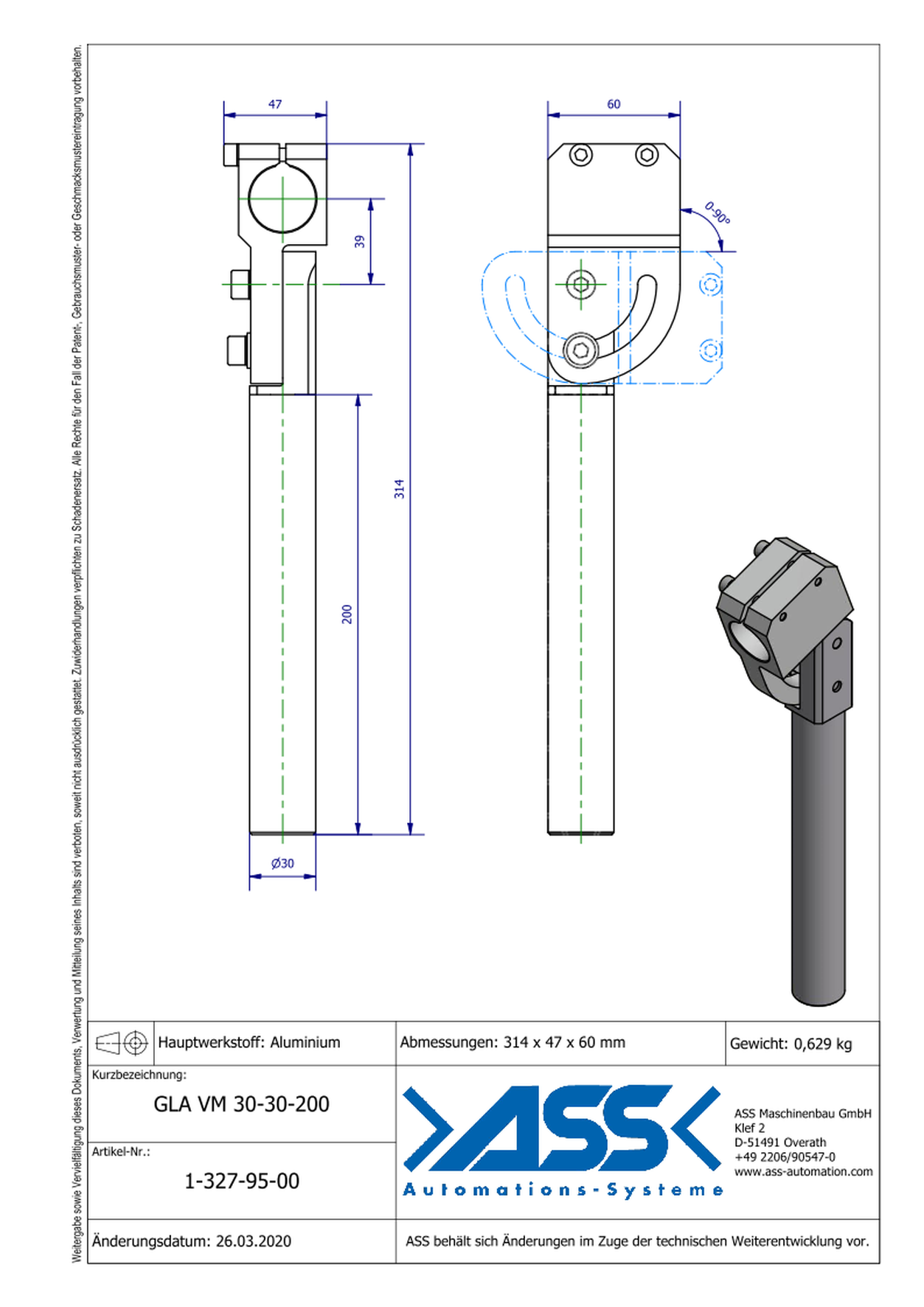 GLA VM 30-30-200 Elbow Arm, tightened, mirrored