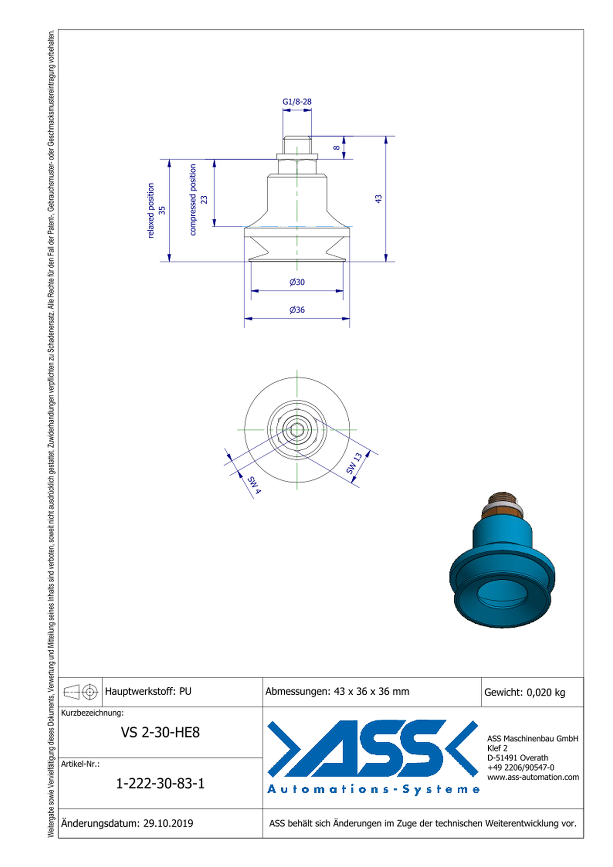 VS 2-30-HE8 (new version) Vacuum Cup, 2 Bellows