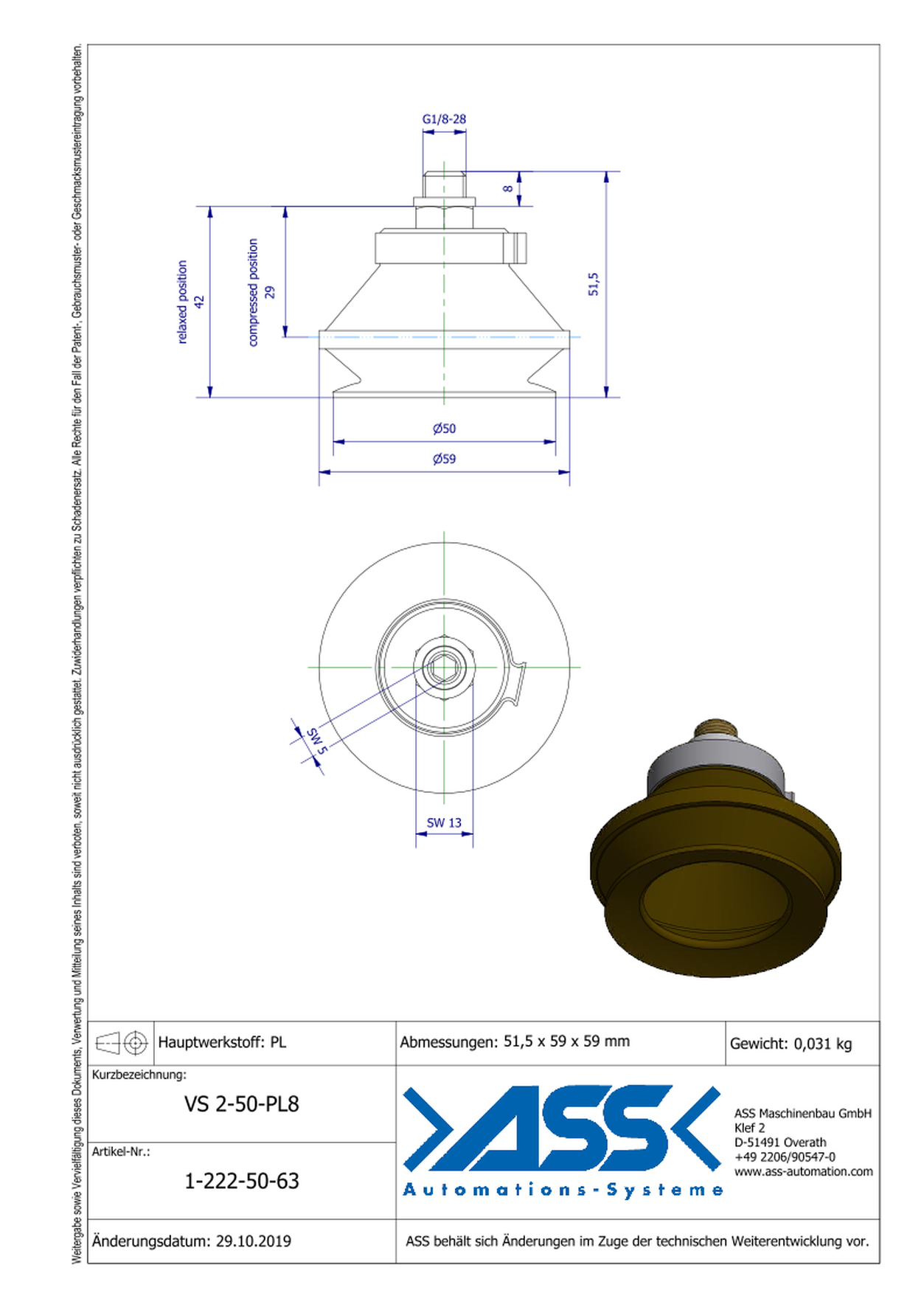 VS 2-30-PL8 Vacuum Cup, 2 Bellows Model: round, FDA/BfR Certificate: no, Bellows: 2, Holding force: 51,1 N, Material: Longlife Polyurethane, : 50, : G1/8″