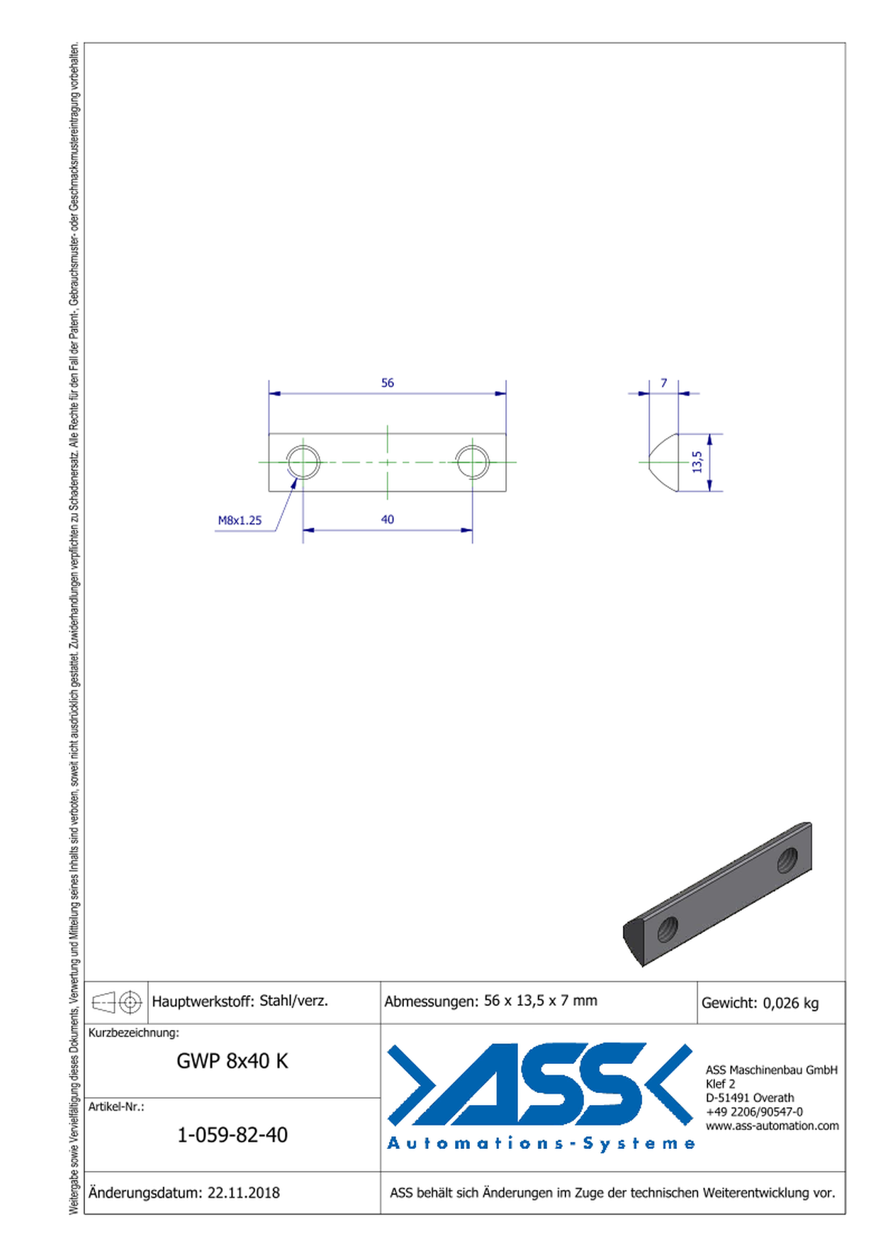 GWP 8-40 K Channel Nut with two Threads M8