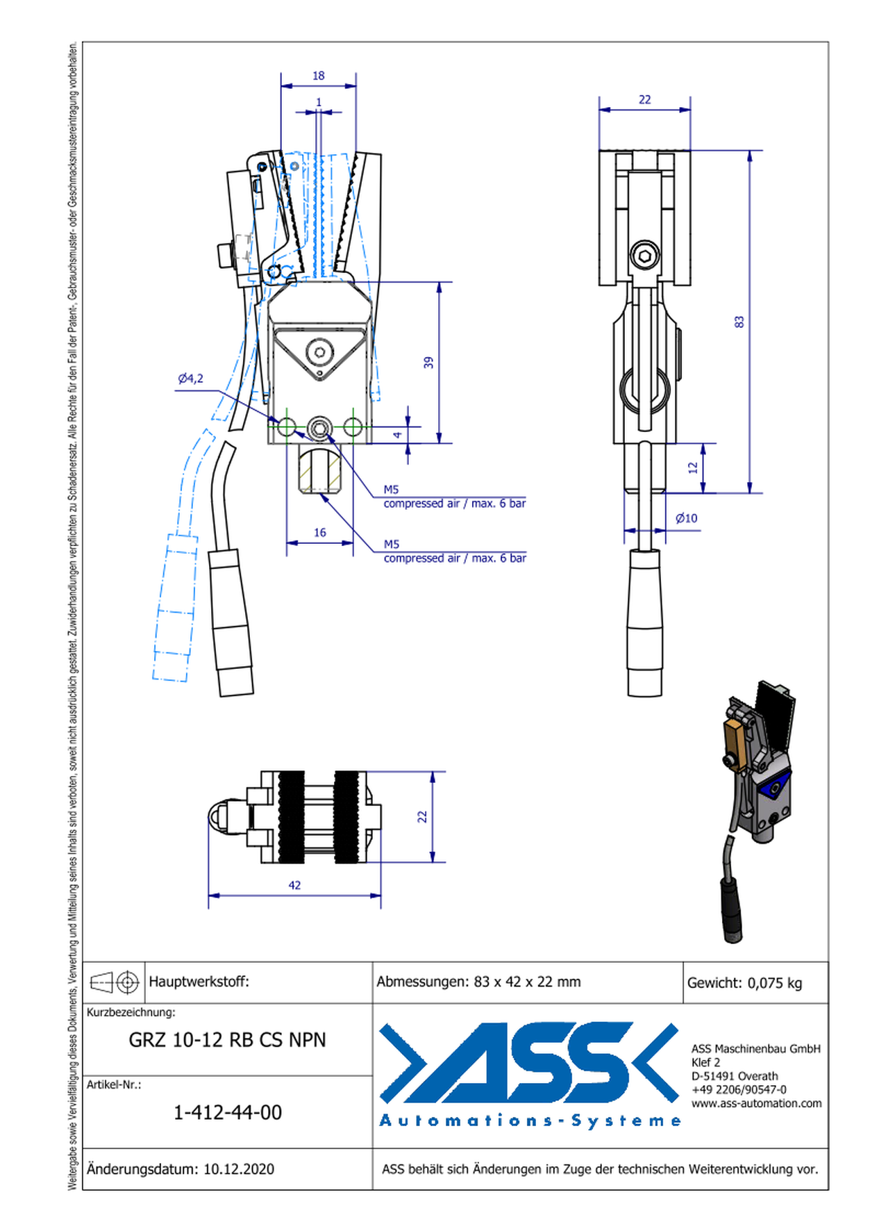 GRZ 10-12 RB CS NPN Gripper, Jaw Type:  Chequered extra wide / Sensor