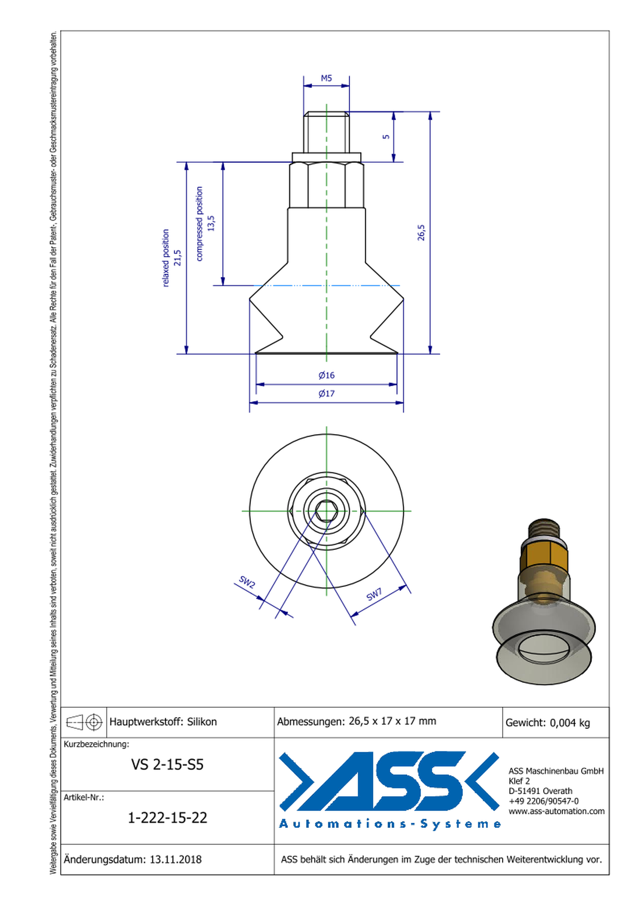 VS 2-15-S5 Vacuum Cup, 2 Bellows