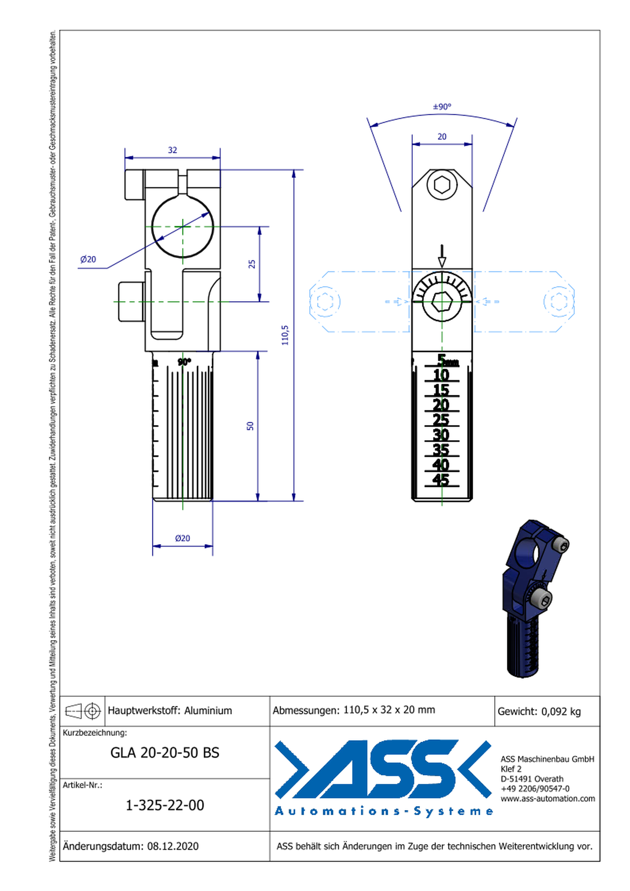 GLA 20-20-50 BS Elbow Arm, Blue Scale