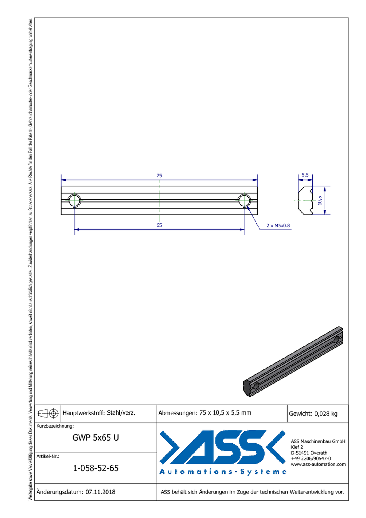 GWP 5-65 U Channel Nut with two Threads M5