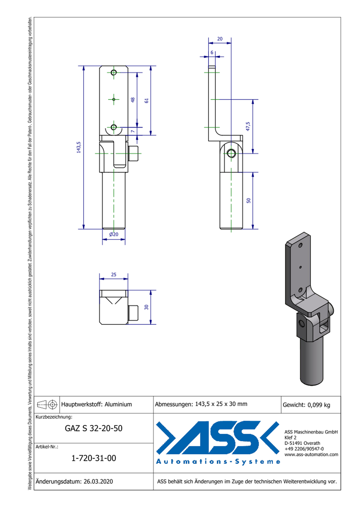 GAZ S 32-20-50 Gripper Arm for Short Stroke Cylinder, with Swivel