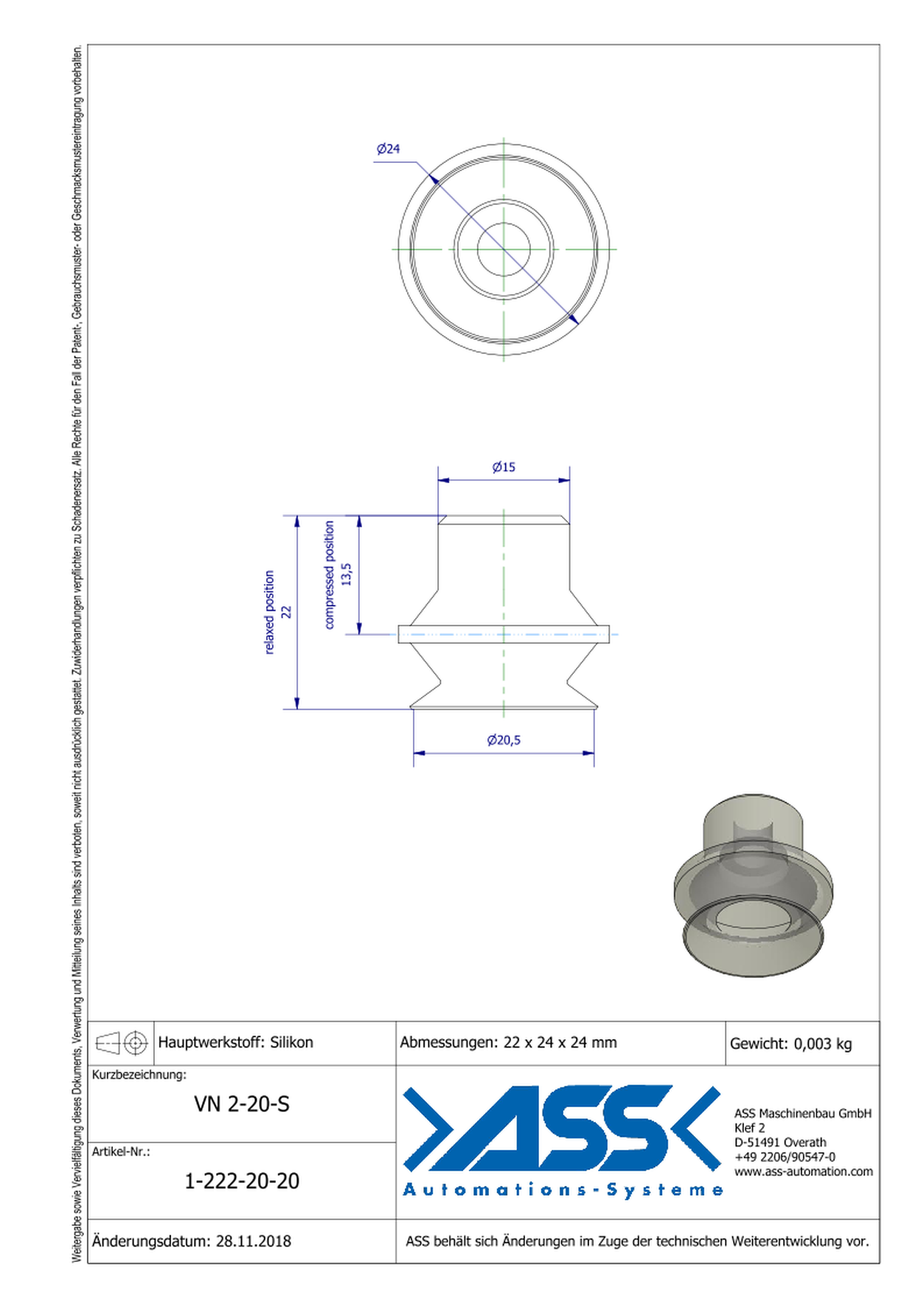 VN 2-20-S Suction Cup, 2 Bellows