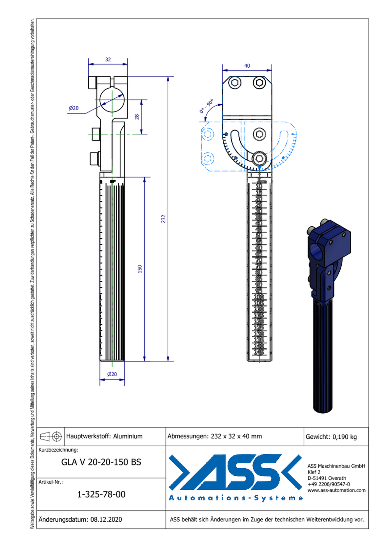 GLA V 20-20-150 BS Elbow Arm, reinforced, Blue Scale