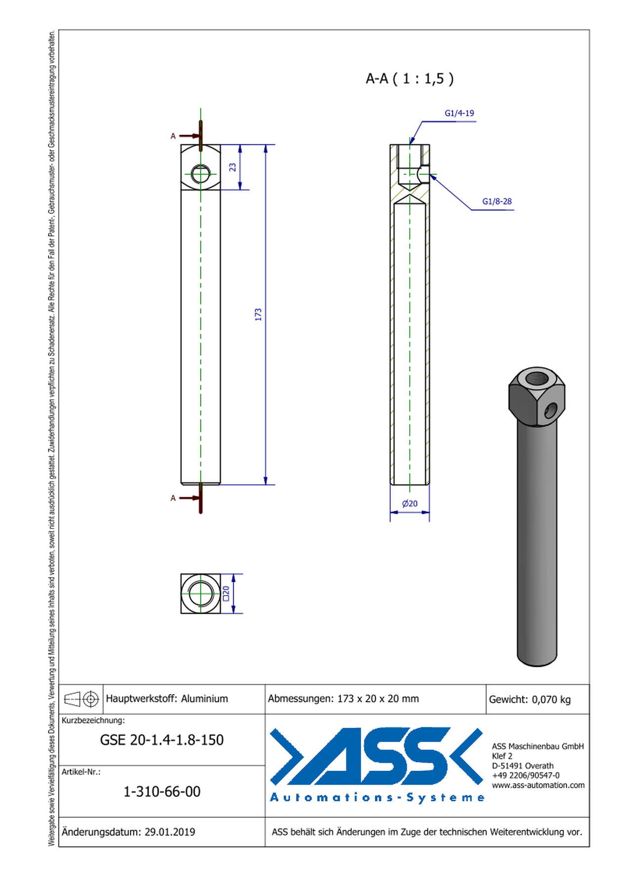 GSE 20-1/4-1/8-150 Gripper Arm for Vacuum Cups