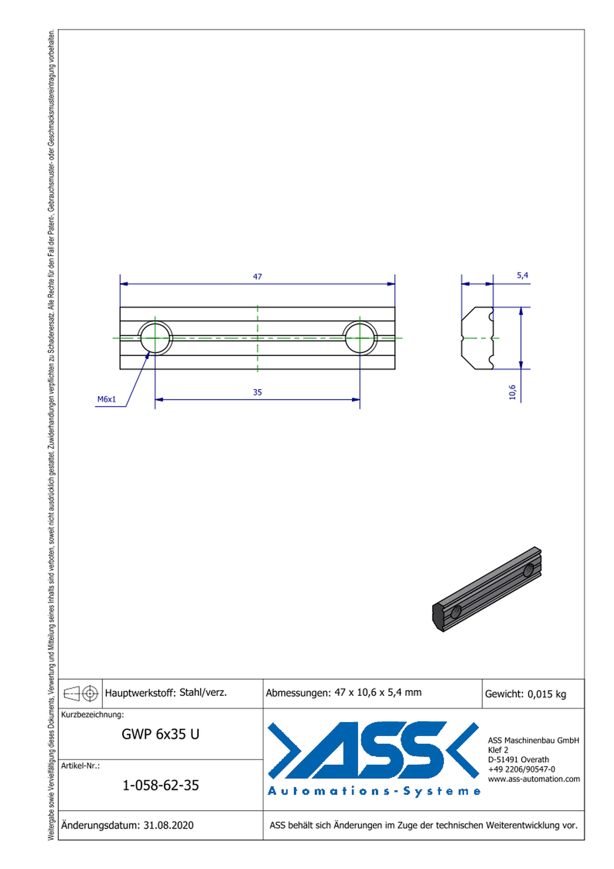 GWP 6-35 U Channel Nut with two Threads M6