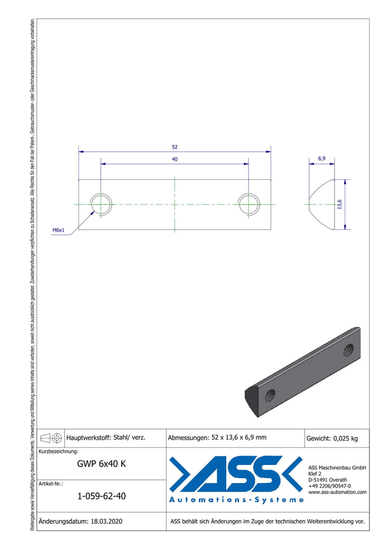 GWP 6-40 K Channel Nut with two Threads M6