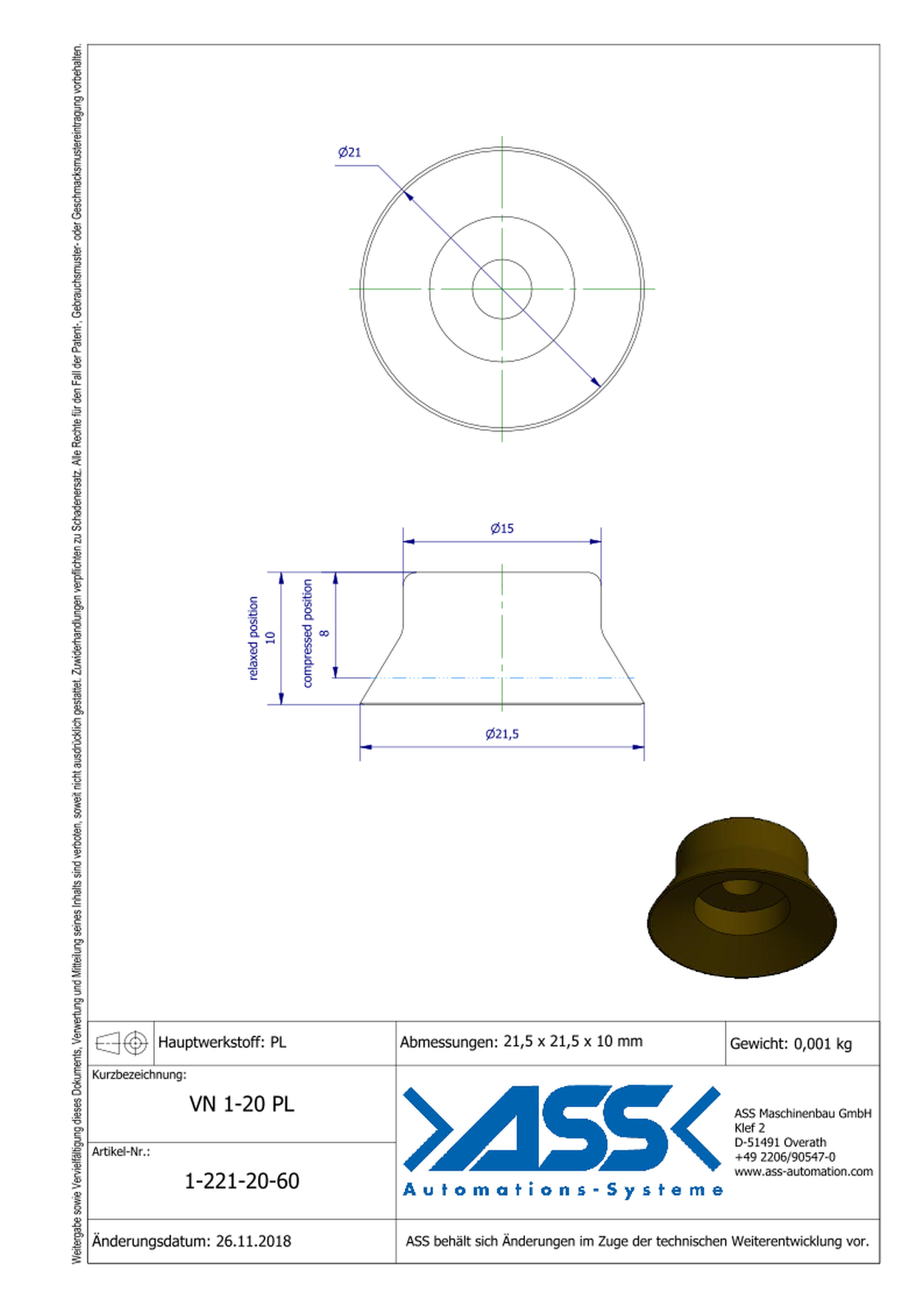 VN 1-20-PL Suction Cup, 1 Bellow