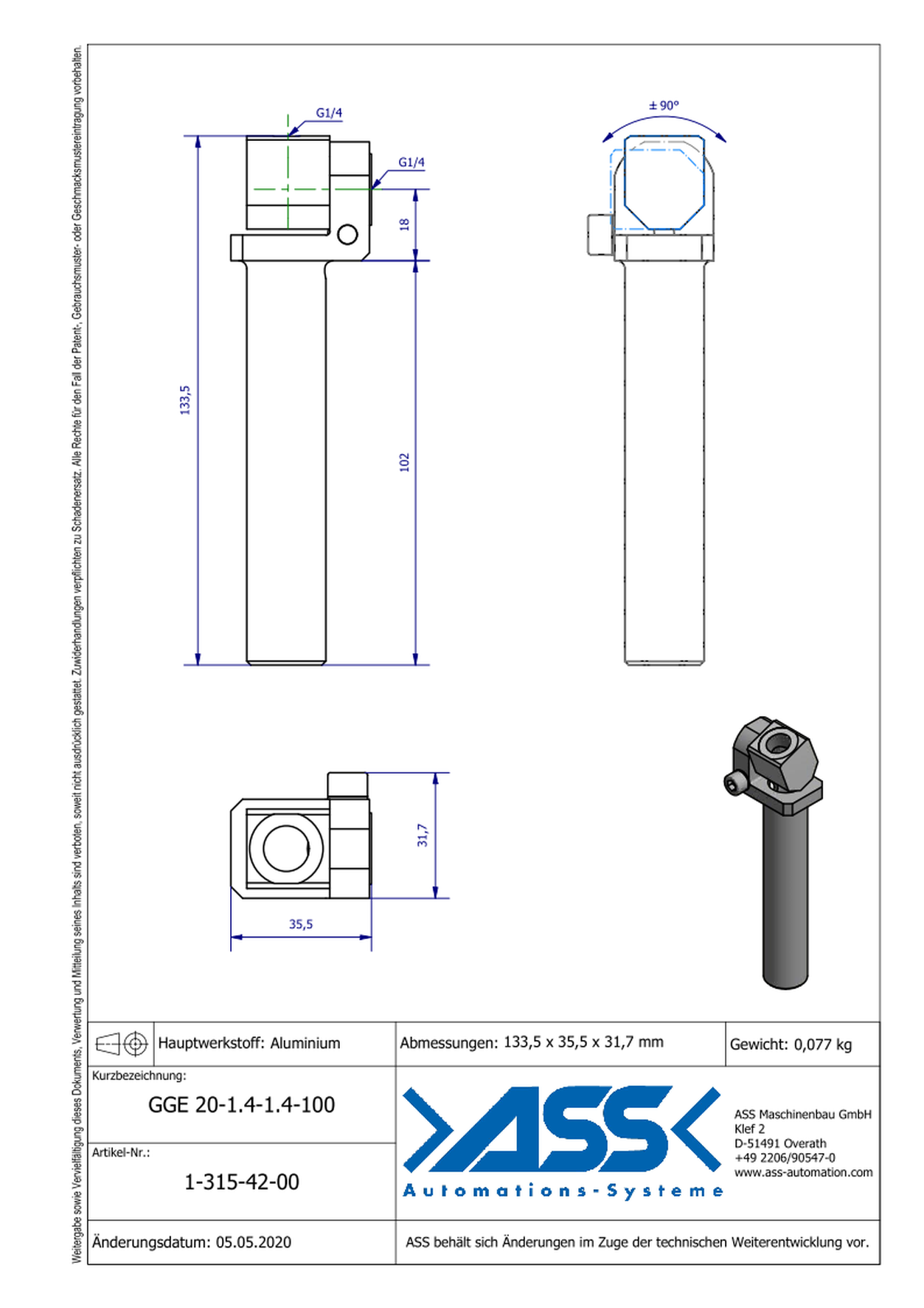 GGE 20-1/4-1/4-100 Elbow Gripper Arm for Vacuum Cups