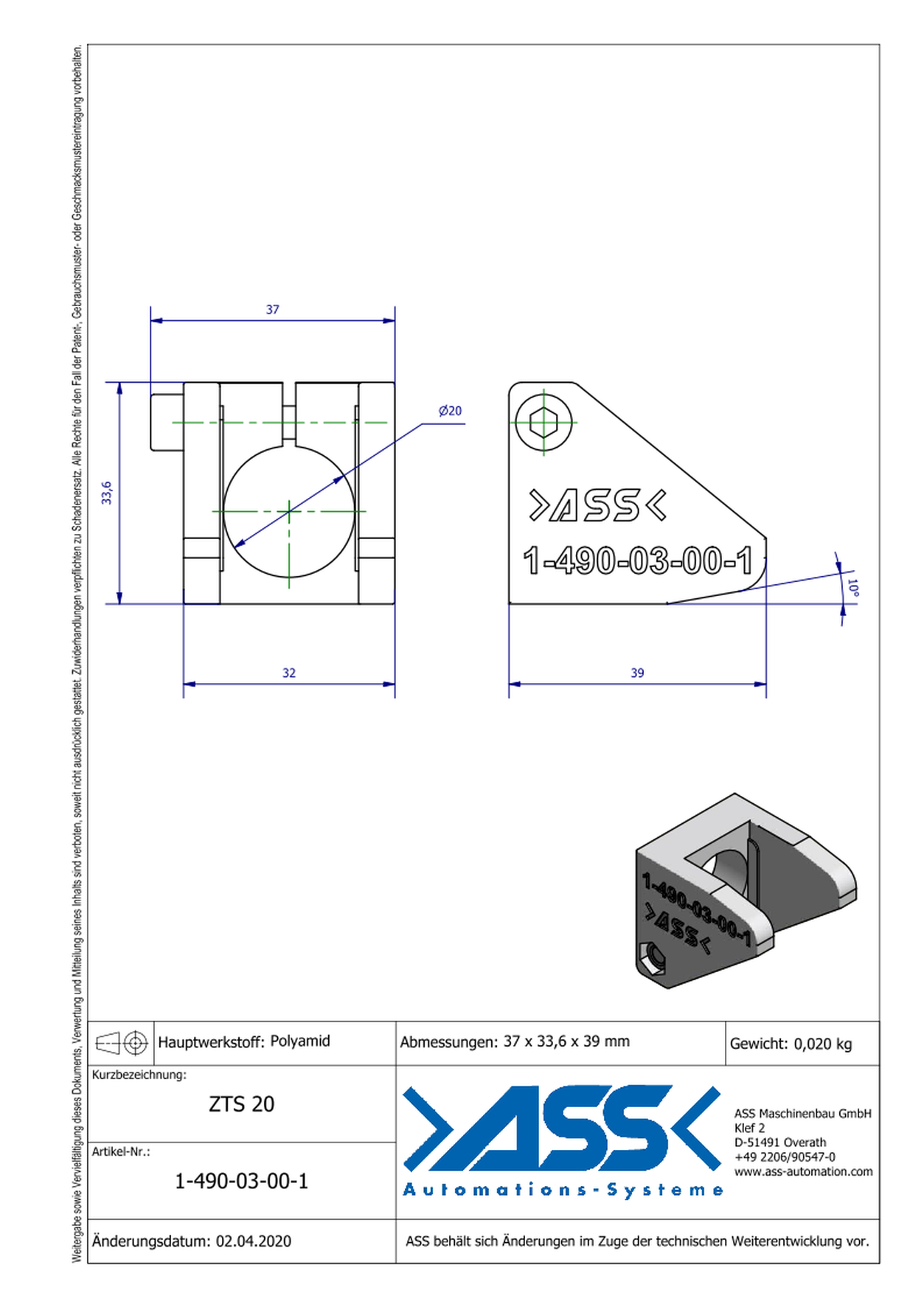 ZTS 20 PA Gripper Finger Guide made of Polyamide 