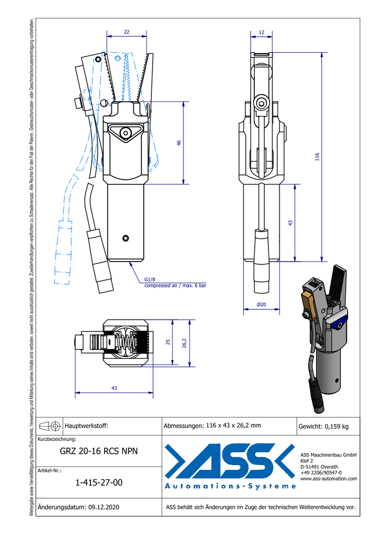 GRZ 20-16 RCS NPN  Gripper with Jaw Type: Chequered / Sensor NPN