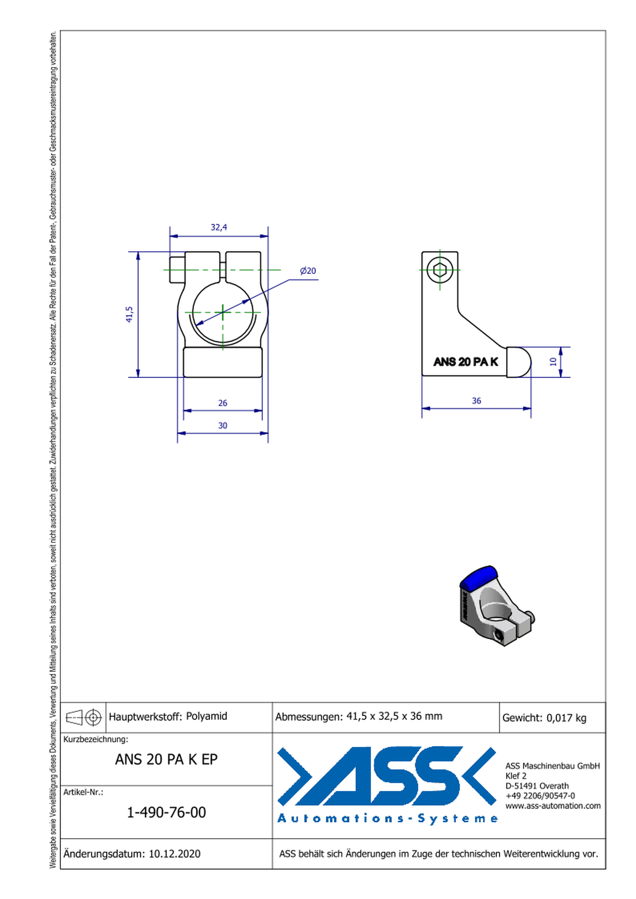 ANS 20 PA K EP Holding Bracket made of PA, convex, w. EP Coating