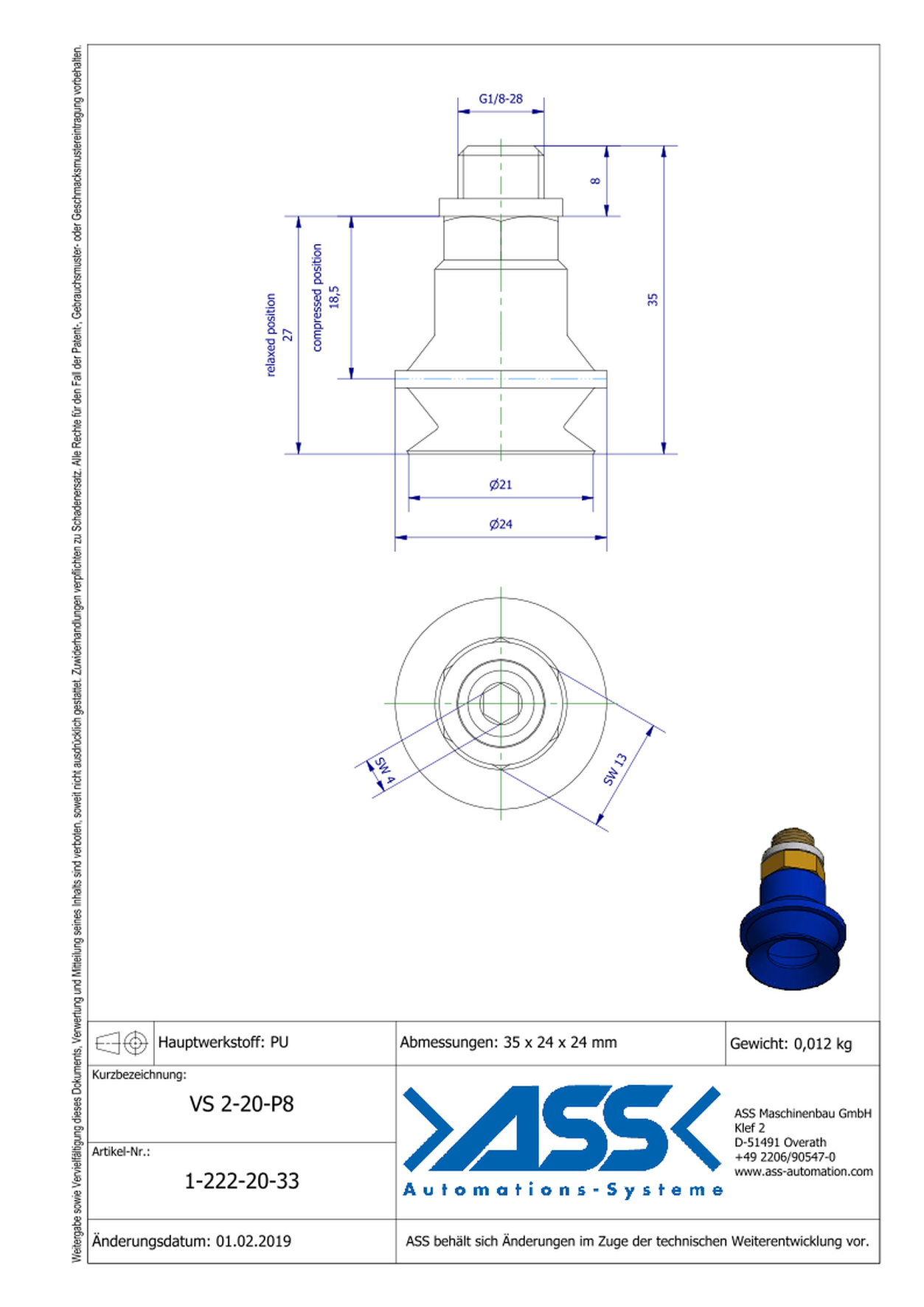 VS 2-20-P8 Vacuum Cup, 2 Bellows