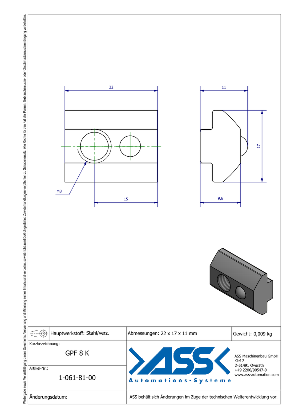 GPF 8 K Channel Nut with one Thread M8