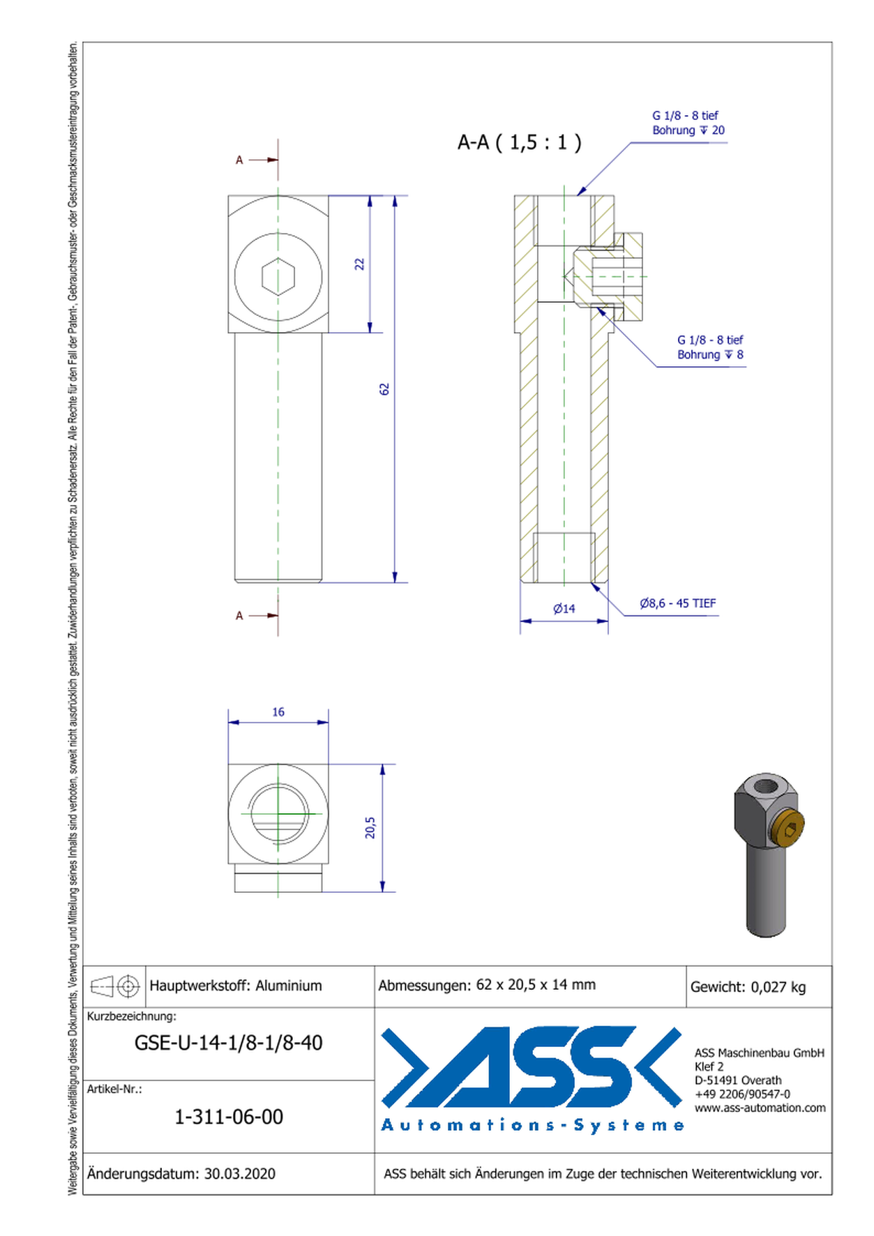 GSE U 14-1/8-1/8-40 Gripper Arm for Vacuum Cups with Air Duct