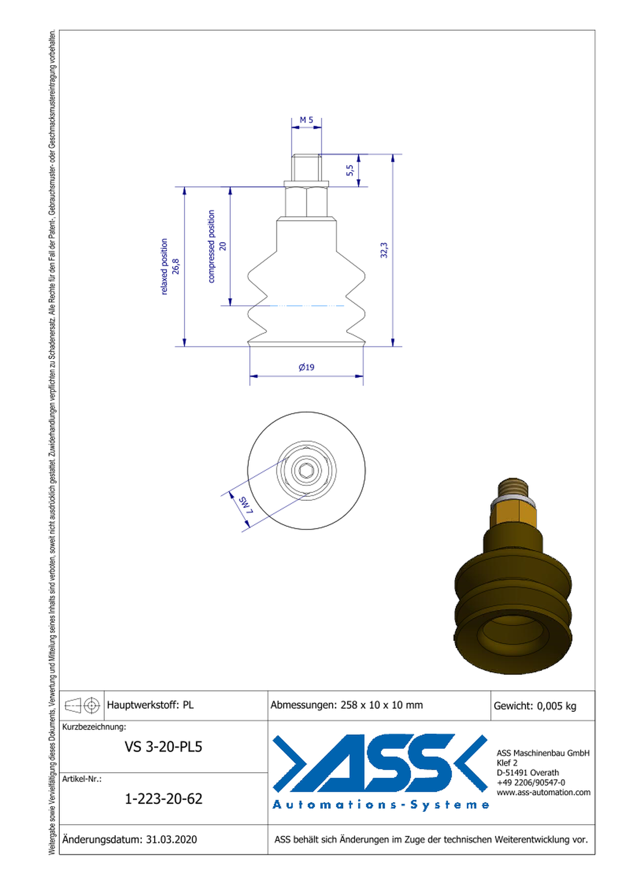 VS 3-20-PL5 Vacuum Cup, 3 Bellows