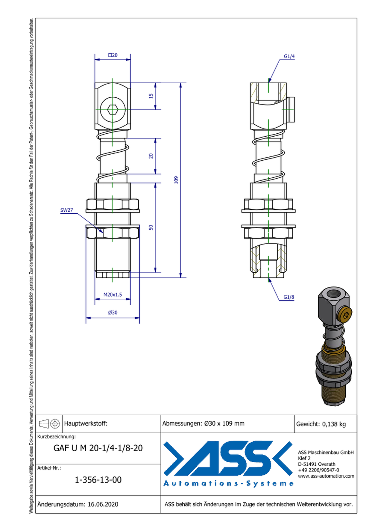 GAF U M20-1/4-1/8-20 Spring Loaded Gripper Arm with Air Duct