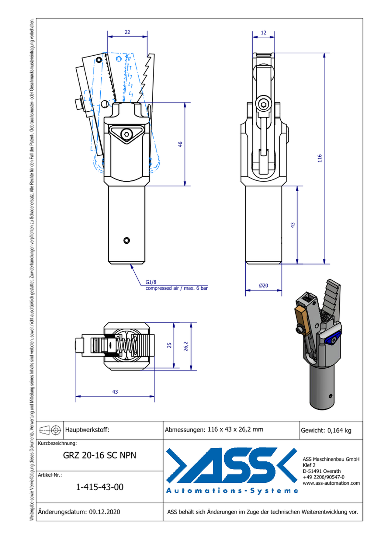 GRZ 20-16 SC NPN Gripper with Jaw Type: Saw Tooth / Sensor NPN