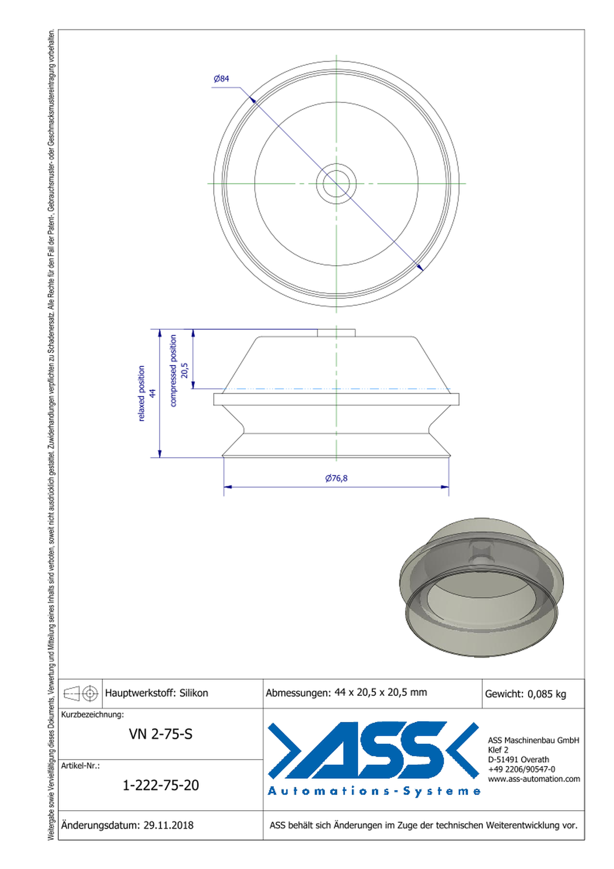 VN 2-75-S Suction Cup, 2 Bellows