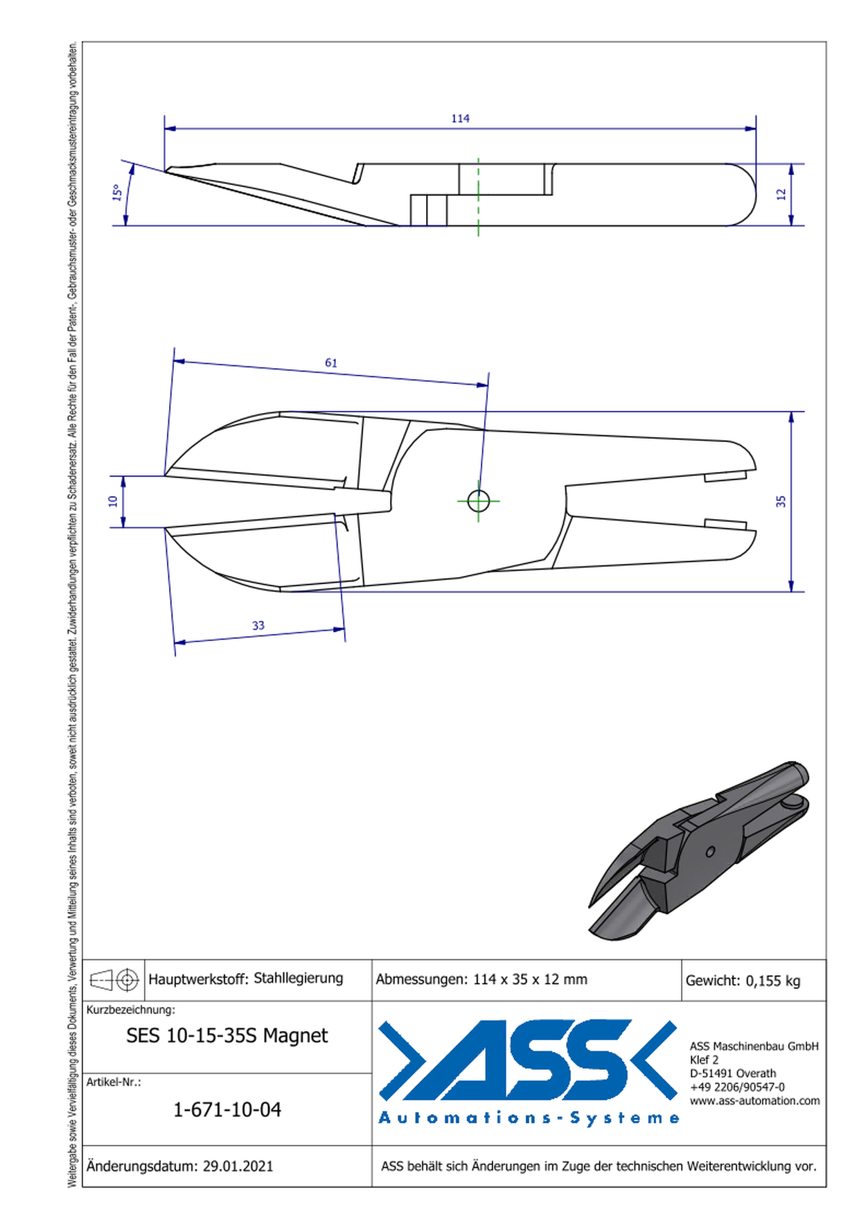 SES10-15-35S Magnet Nipper Blade Magnetic Return, Standard for ASN 10