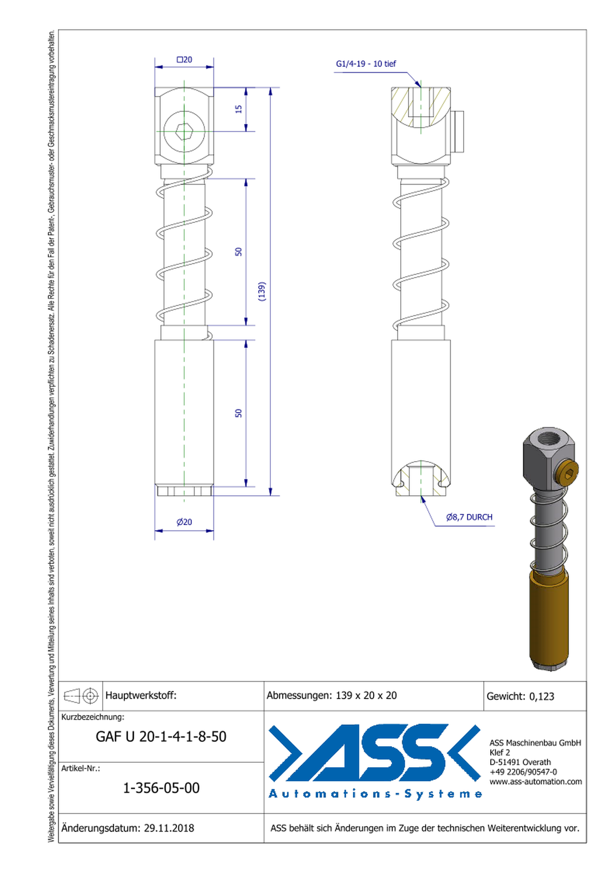 GAF U 20-1/4-1/8-50 Spring Loaded Gripper Arm with Air Duct