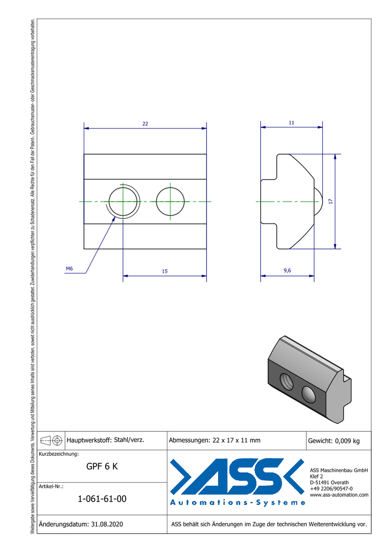 GPF 6 K Channel Nut with one Thread M6