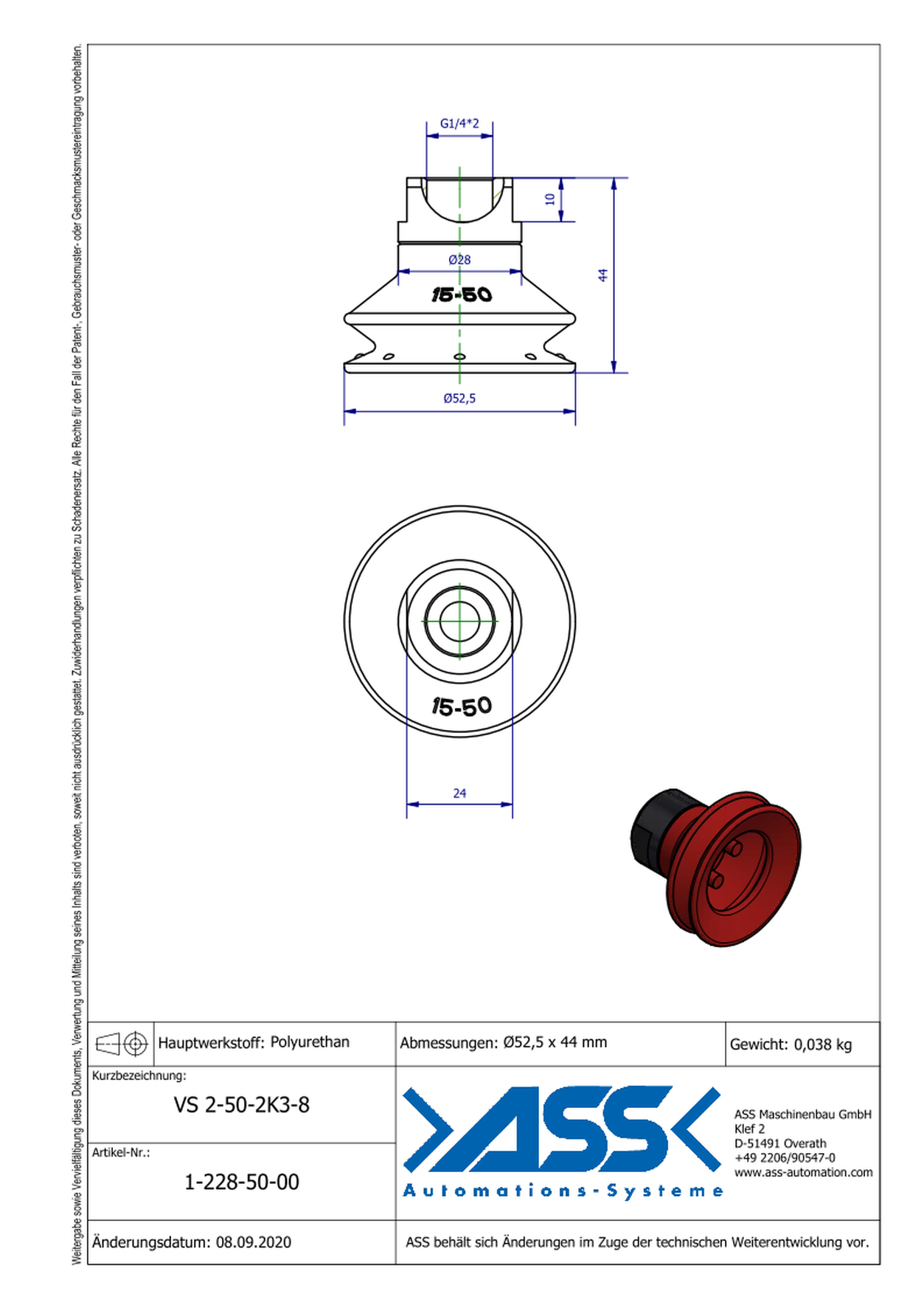 VS 2-50-2K3-8 2-Componet Vacuum Cup with 2 Bellows