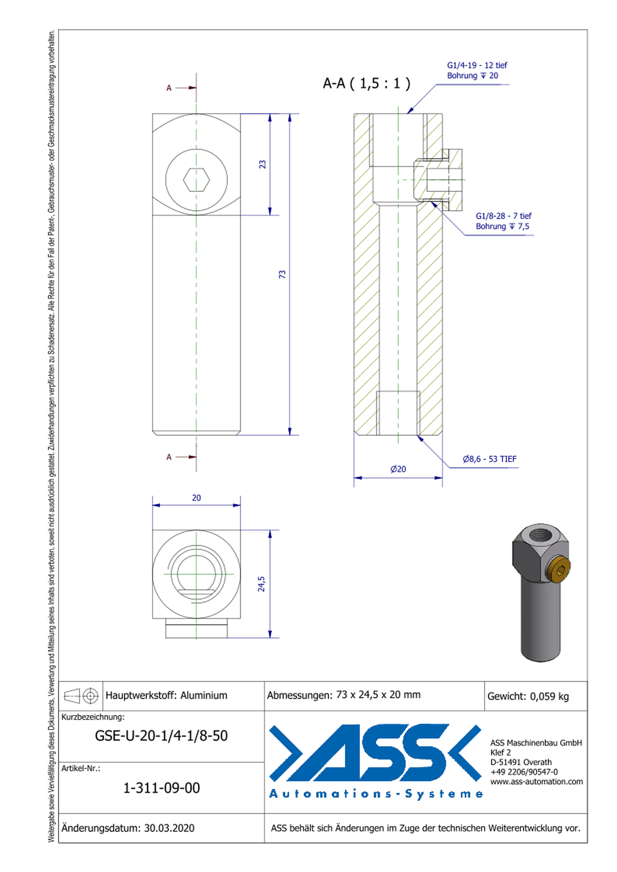 GSE U 20-1/4-1/8-50 Gripper Arm for Vacuum Cups with Air Duct