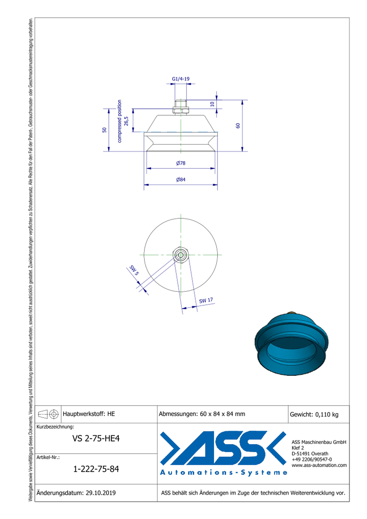 VS 2-75-HE4 Vacuum Cup, 2 Bellows