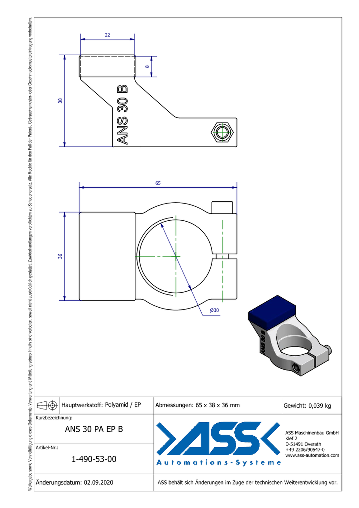 ANS 30 PA EP B Holding Bracket made of Polyamide with EP Coating