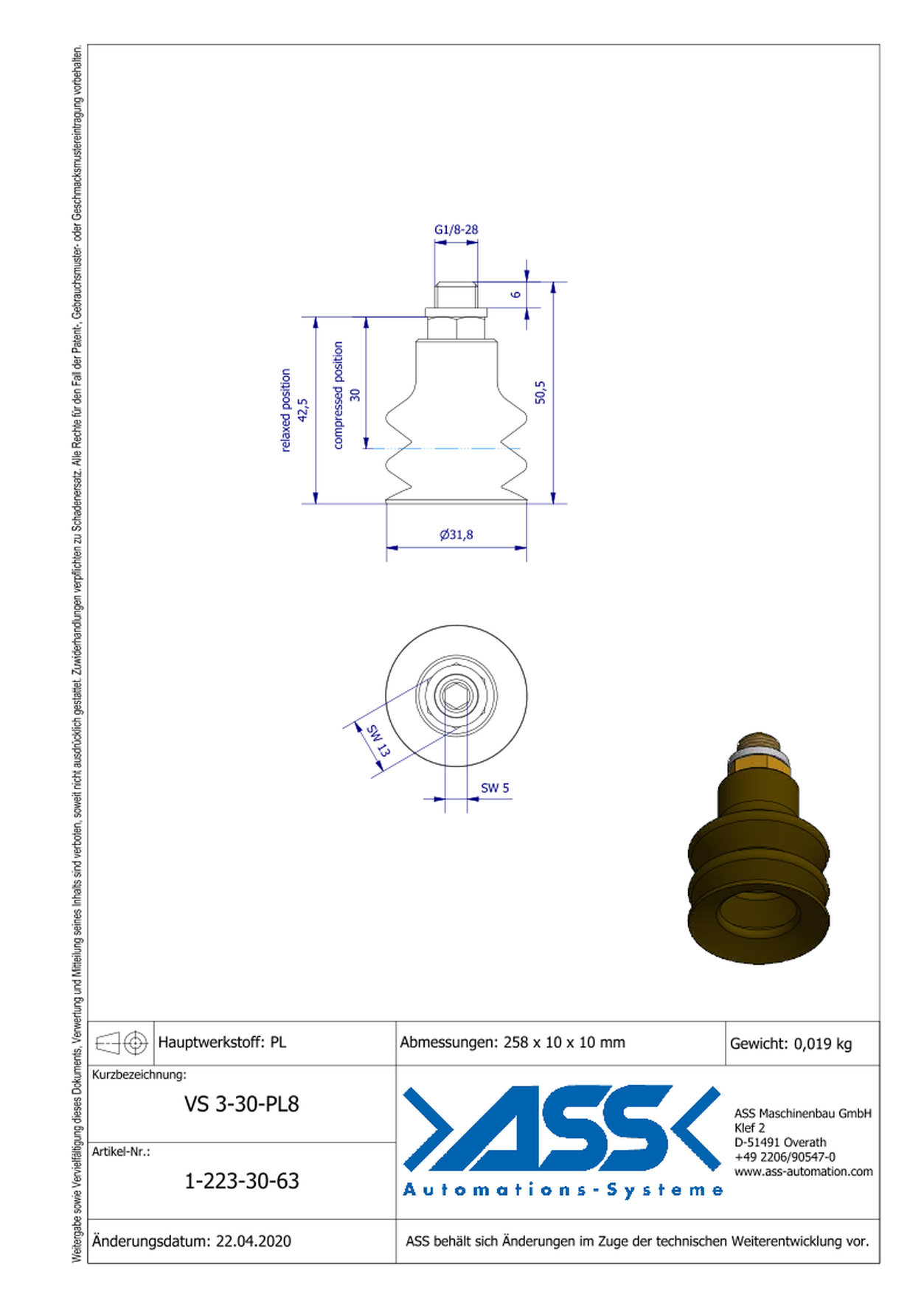 VS 3-30-PL8 Vacuum Cup, 3 Bellows