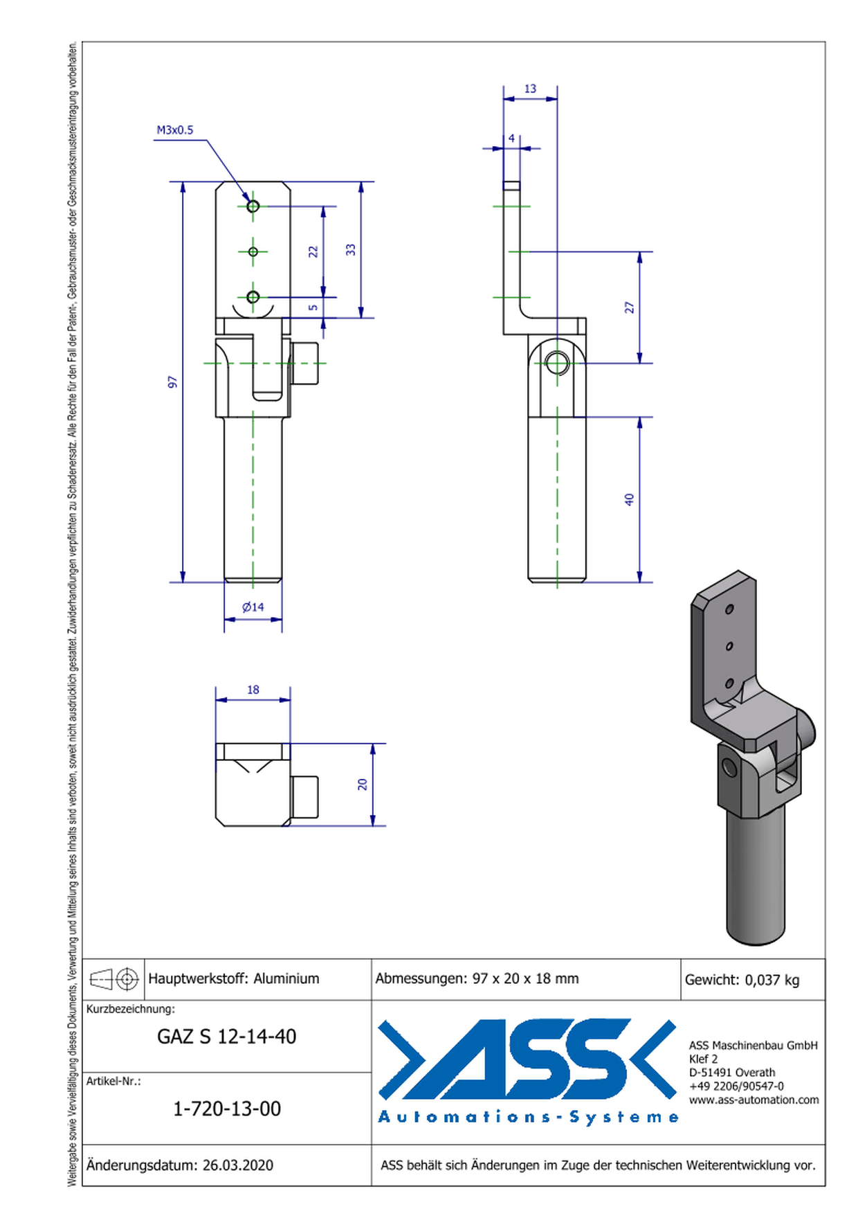 GAZ S 12-14-40 Gripper Arm for Short Stroke Cylinder, with Swivel