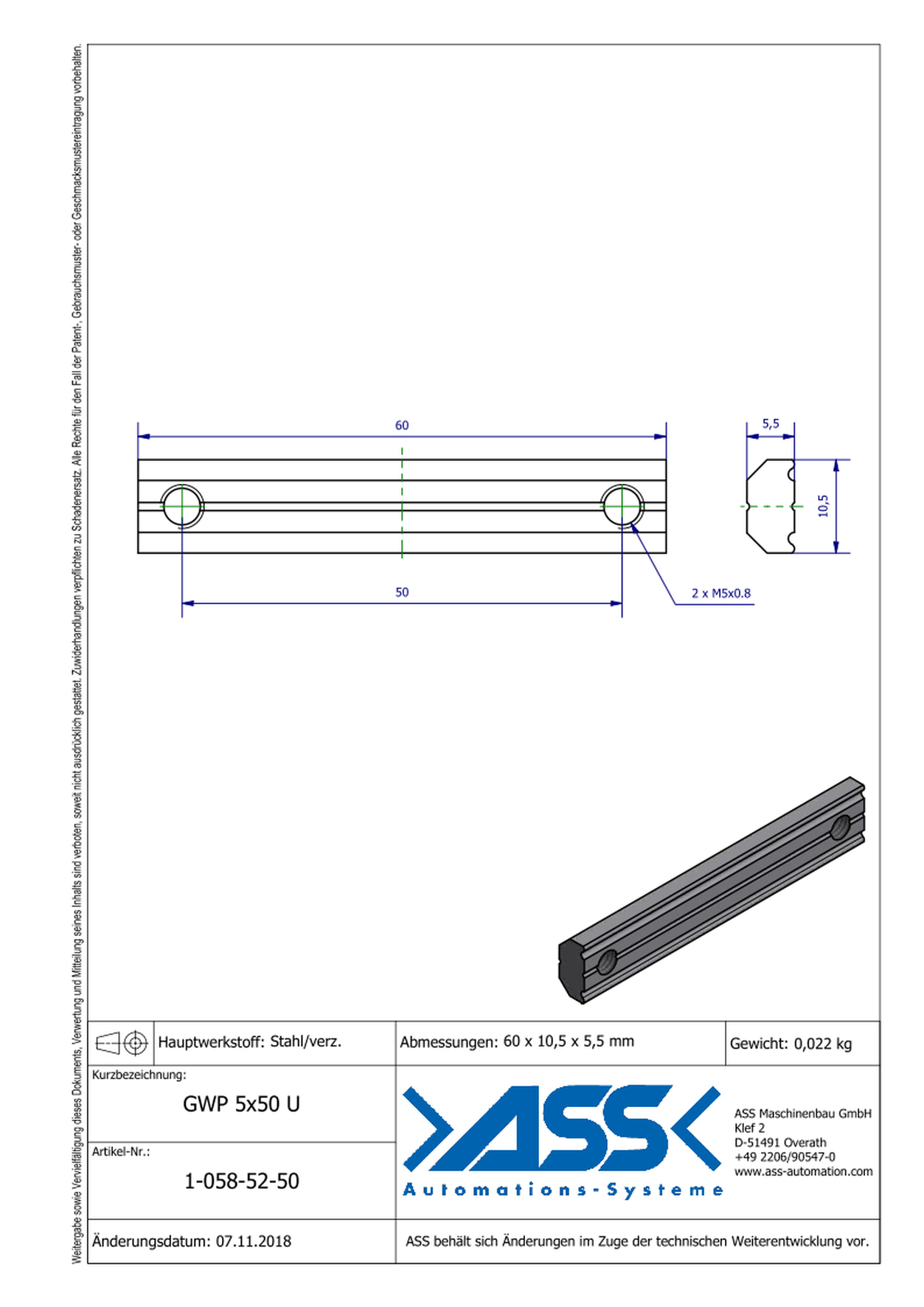 GWP 5-50 U Channel Nut with two Threads M5