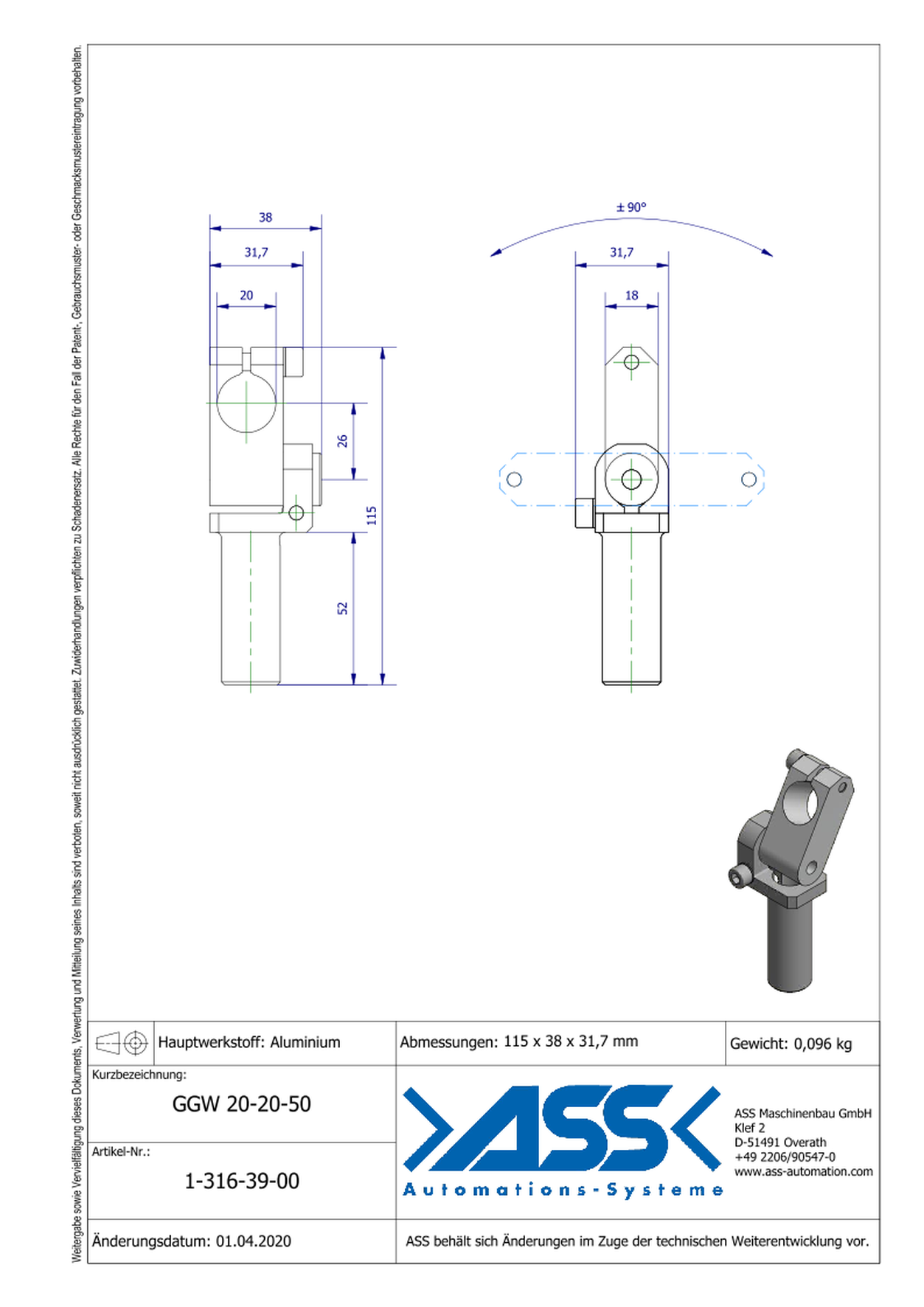 GGW 20-20-50 Gripper Arm, +/- 90 degree