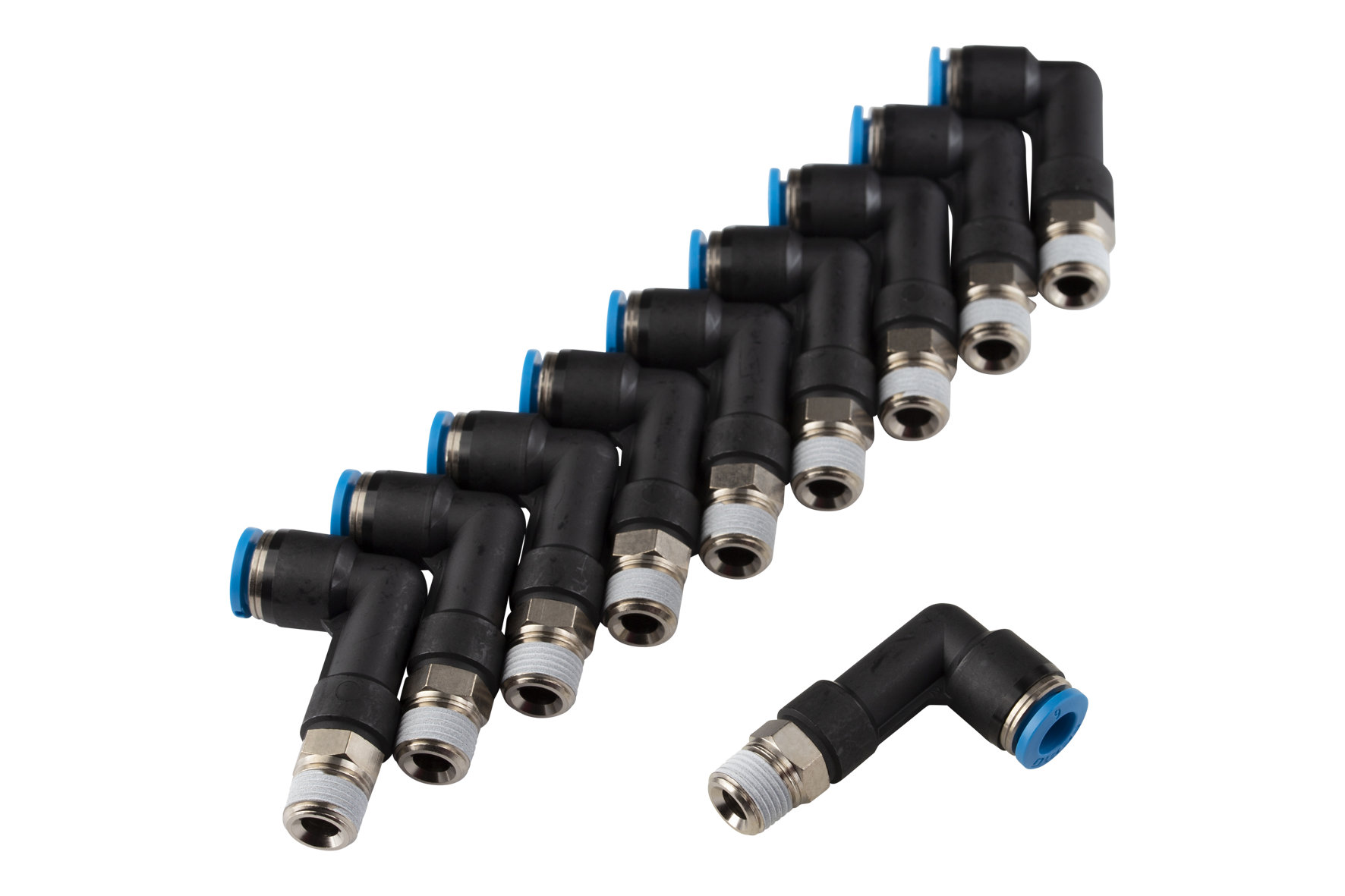 PSL 1/4 8-6 Quick Connector for PSS Model: long, angled, Hose connection Ø: 6 mm, Compatible to: PSS 6-4, Connection thread: R1/8″