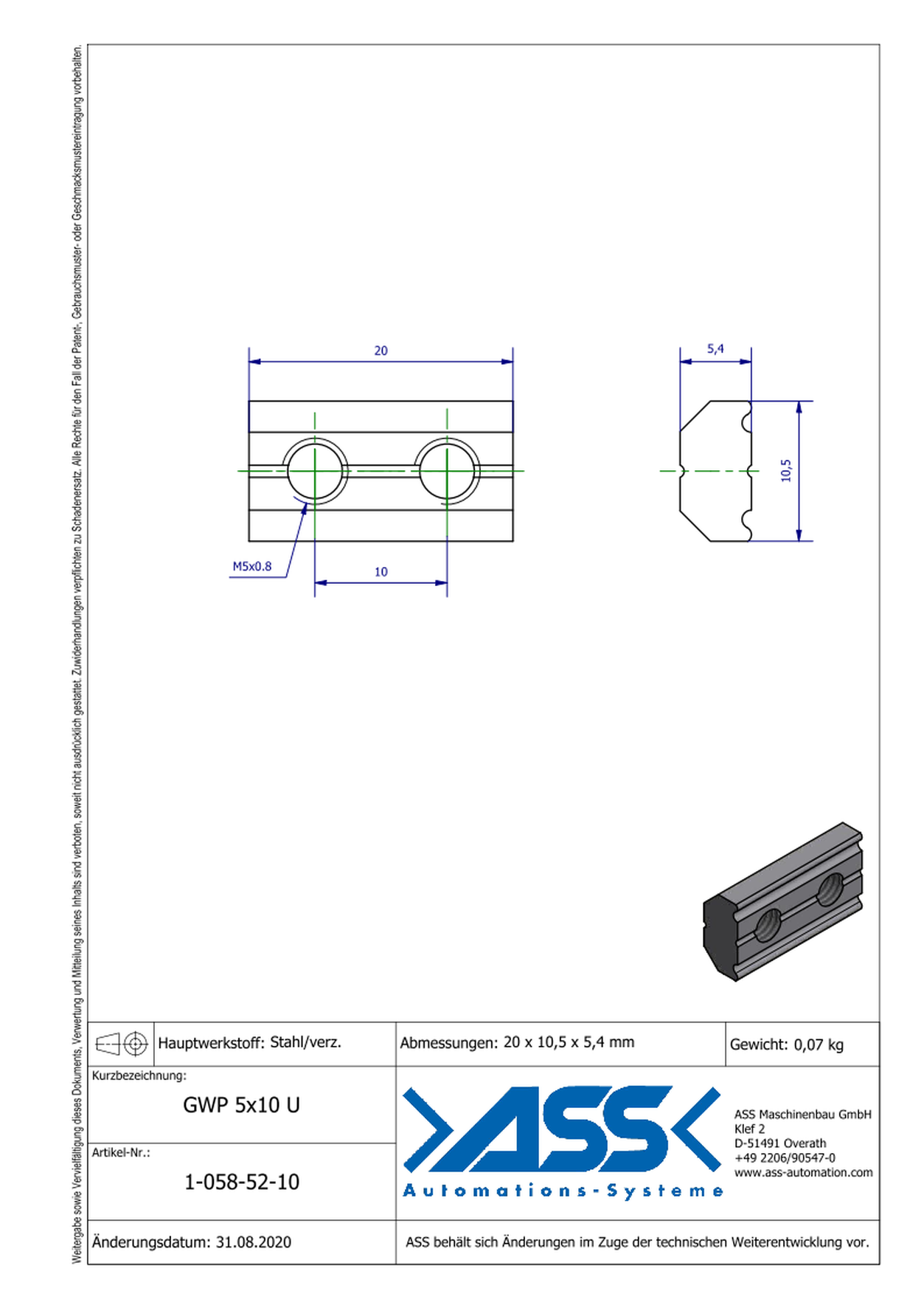 GWP 5-10 U Channel Nut with two Threads M5