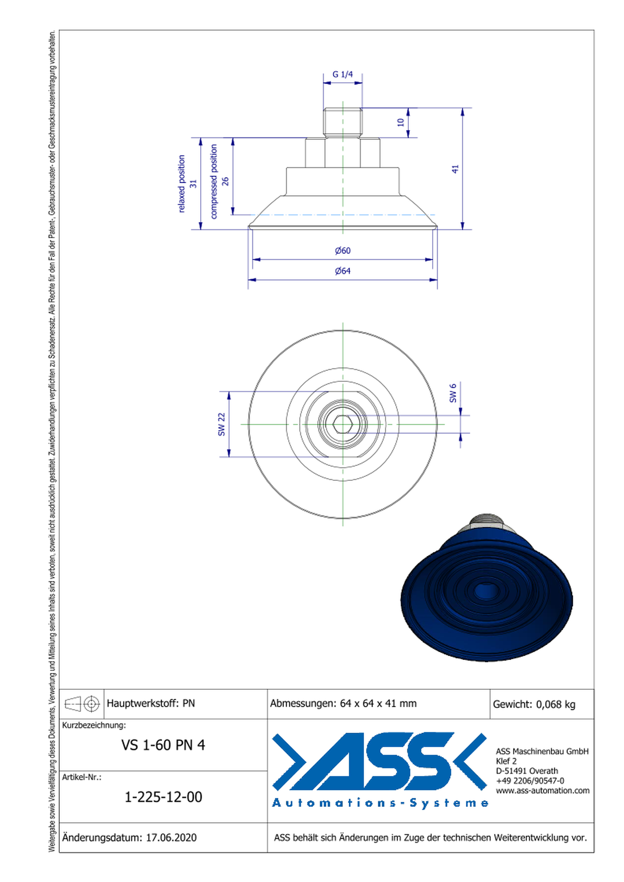 VS 1-60-PN4 Vacuum Cup, 1 Bellow, for sheet metal