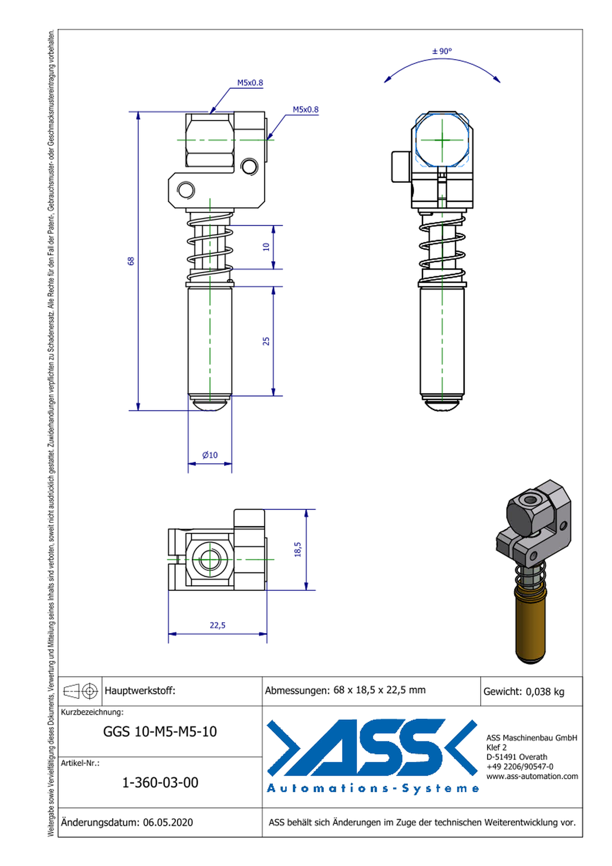 GGS 10-M5-M5-10 Spring Loaded Gripper Arm, locked against rotation